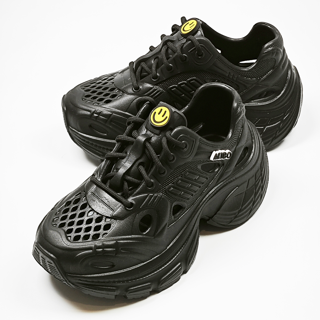 AKIBO輕量透氣老爹鞋-經典黑(女款、6公分厚底增高、一體成型、輕量、耐走、防水)