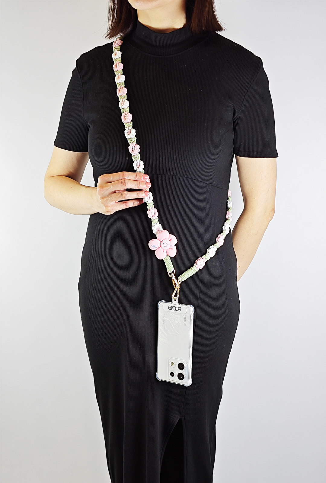 AKIBO手工編織花朵包包手機掛繩-櫻花粉