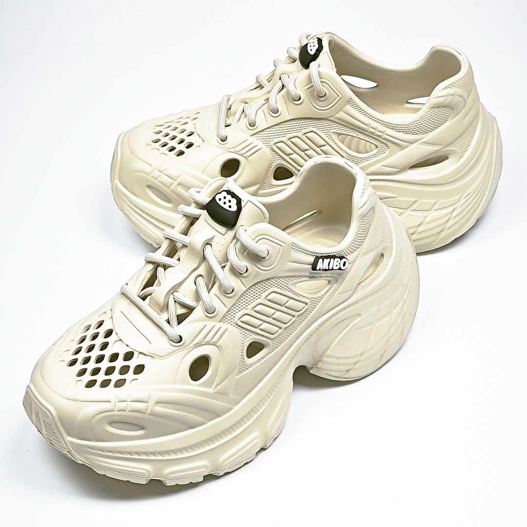 AKIBO輕量透氣老爹鞋-奶油白(女款、6公分厚底增高、一體成型、輕量、耐走、防水)