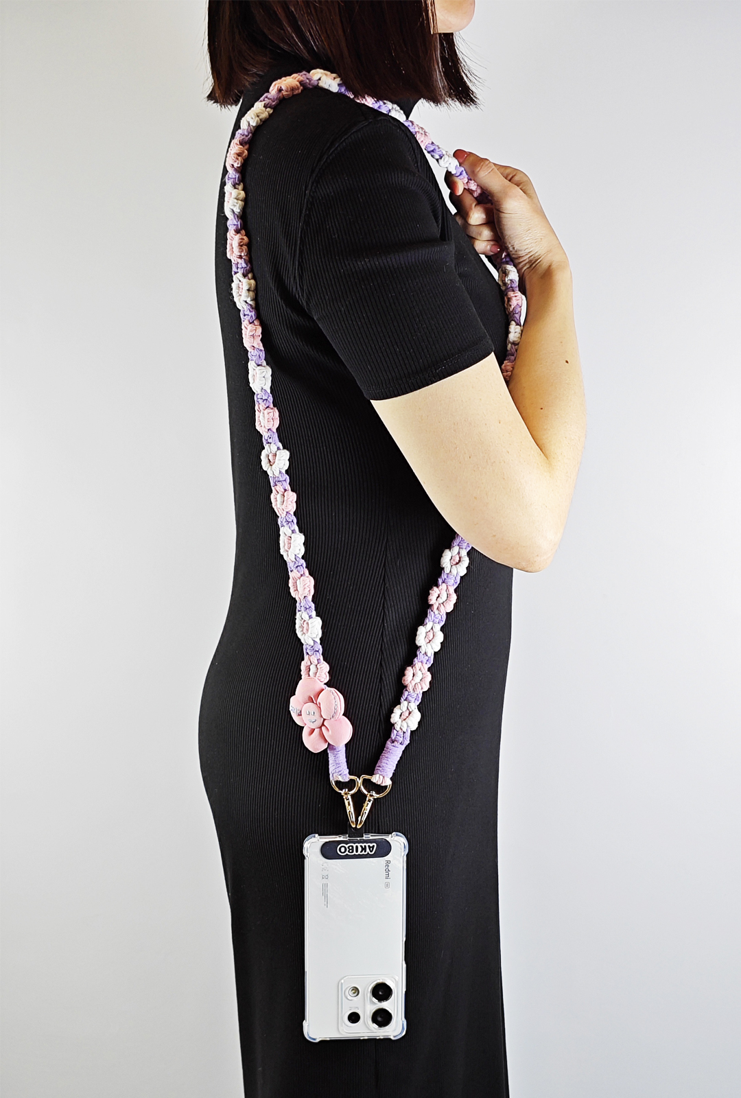 AKIBO手工編織花朵包包手機掛繩-丁香紫
