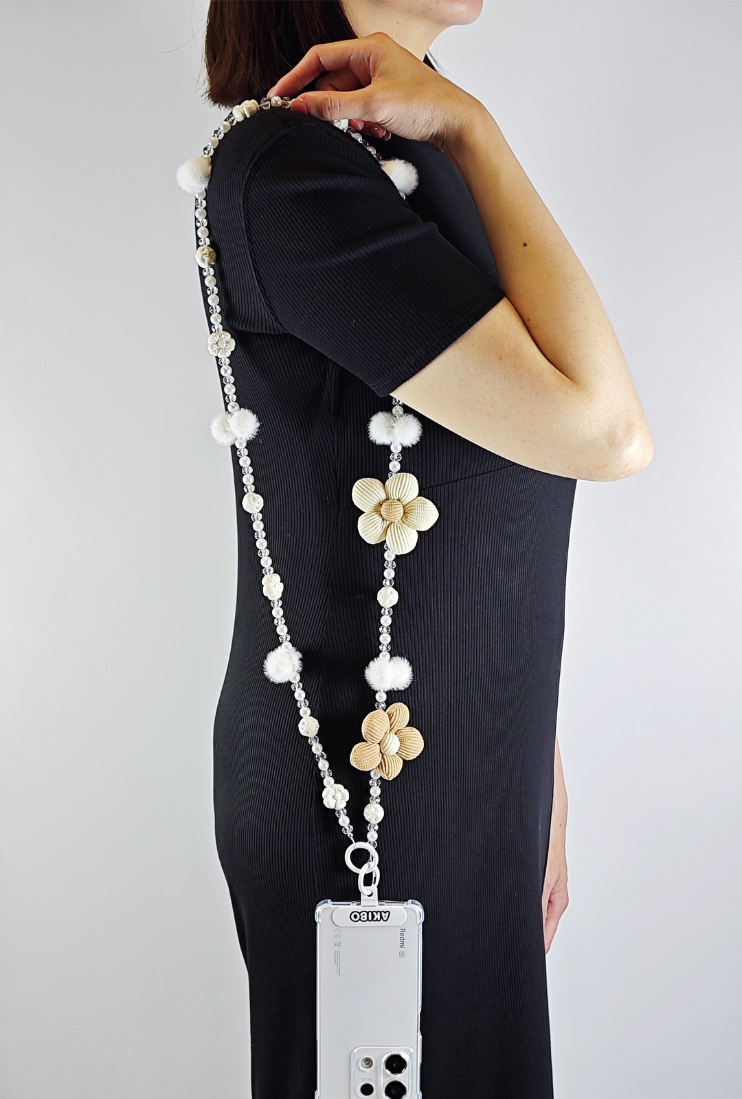 AKIBO珠光雪羽包包手機掛繩-牛奶白