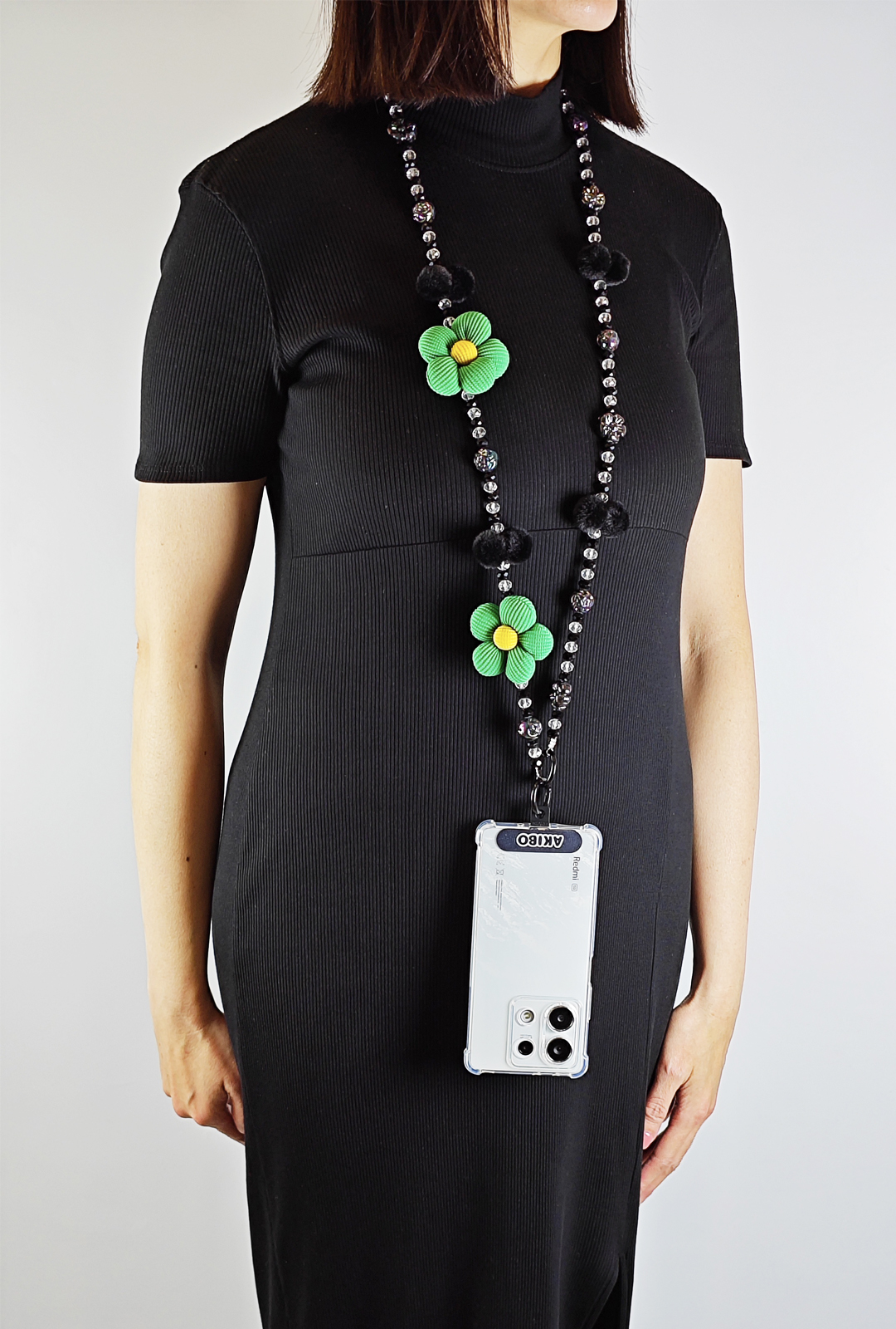 AKIBO珠光雪羽包包手機掛繩-經典黑