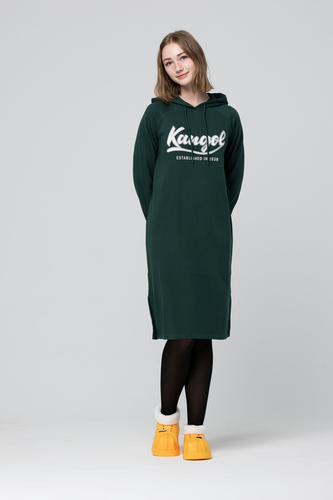KANGOL袋鼠連帽洋裝-深綠