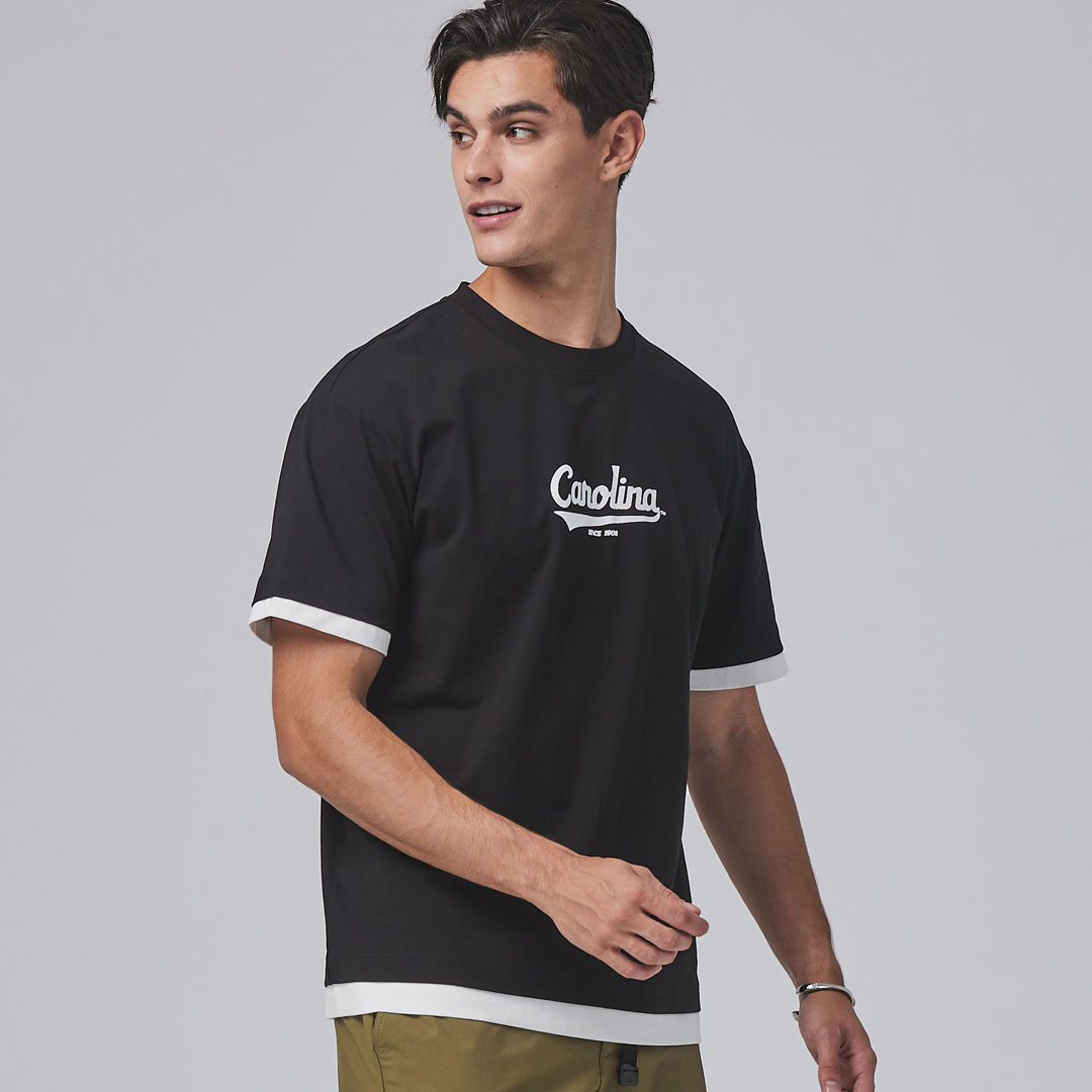 NCAA-基本版假兩件印花棉T-黑