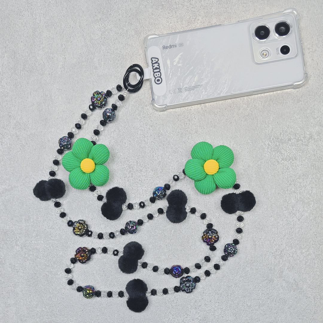 AKIBO珠光雪羽包包手機掛繩-經典黑