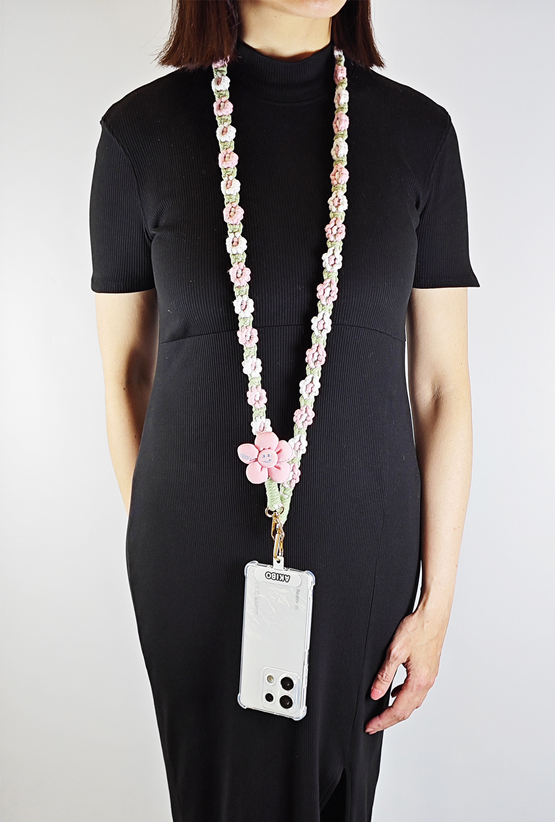 AKIBO手工編織花朵包包手機掛繩-櫻花粉