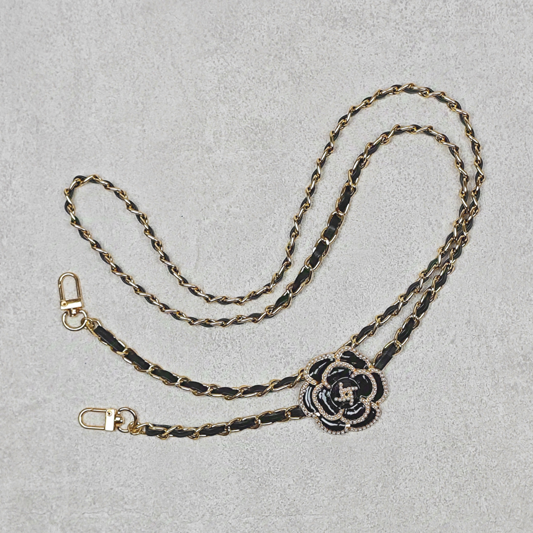 AKIBO皮革花漾包包手機掛繩-經典黑