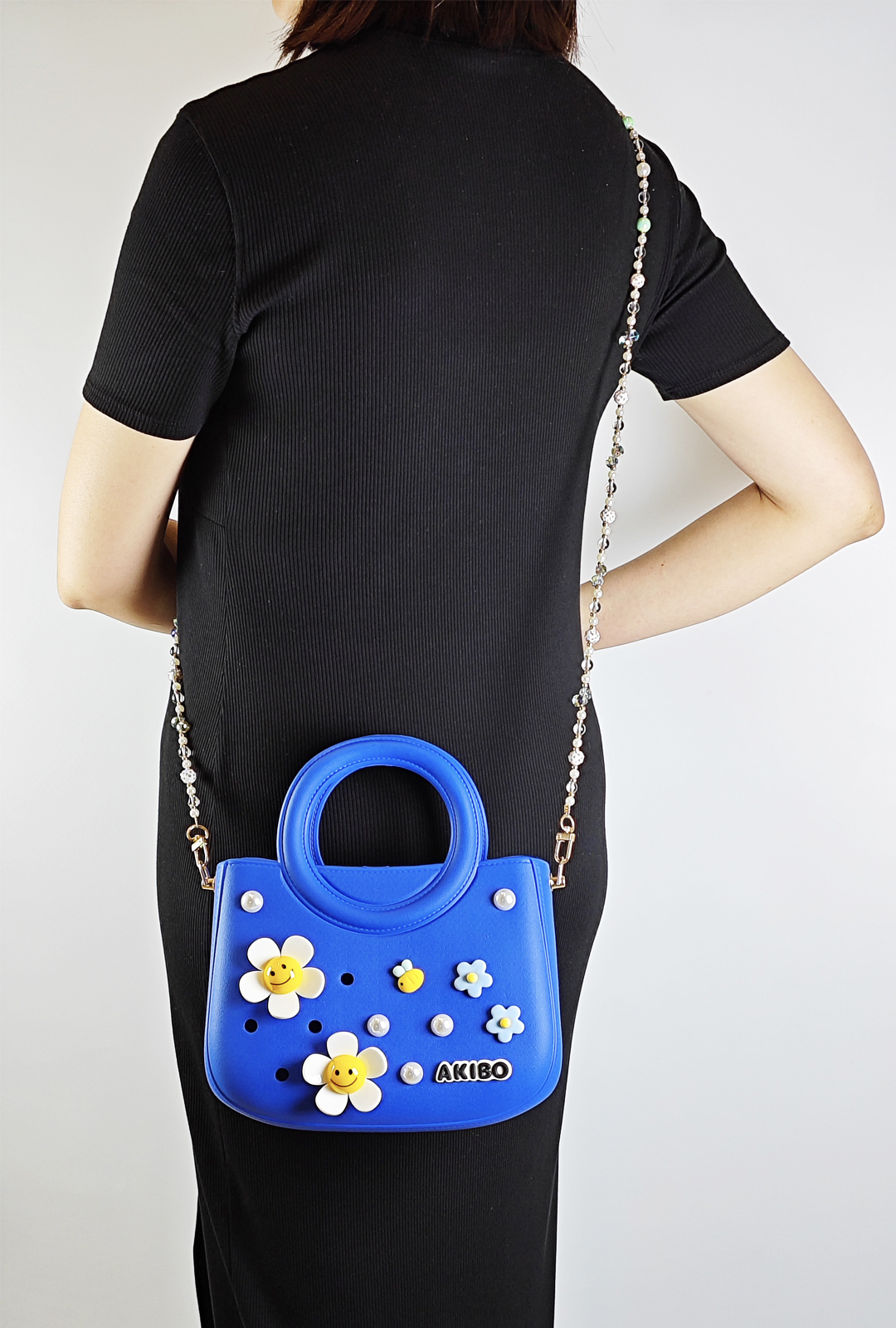 AKIBO滿月包-寶石藍 / 巴洛克彩珠背帶 (肩背手提洞洞包。中性款、輕量、防水) 