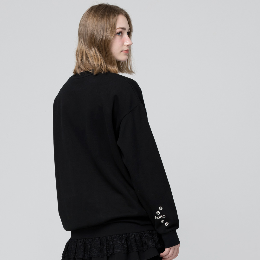 AKIBO日系落肩立體繡大學T-經典黑(男女共款)