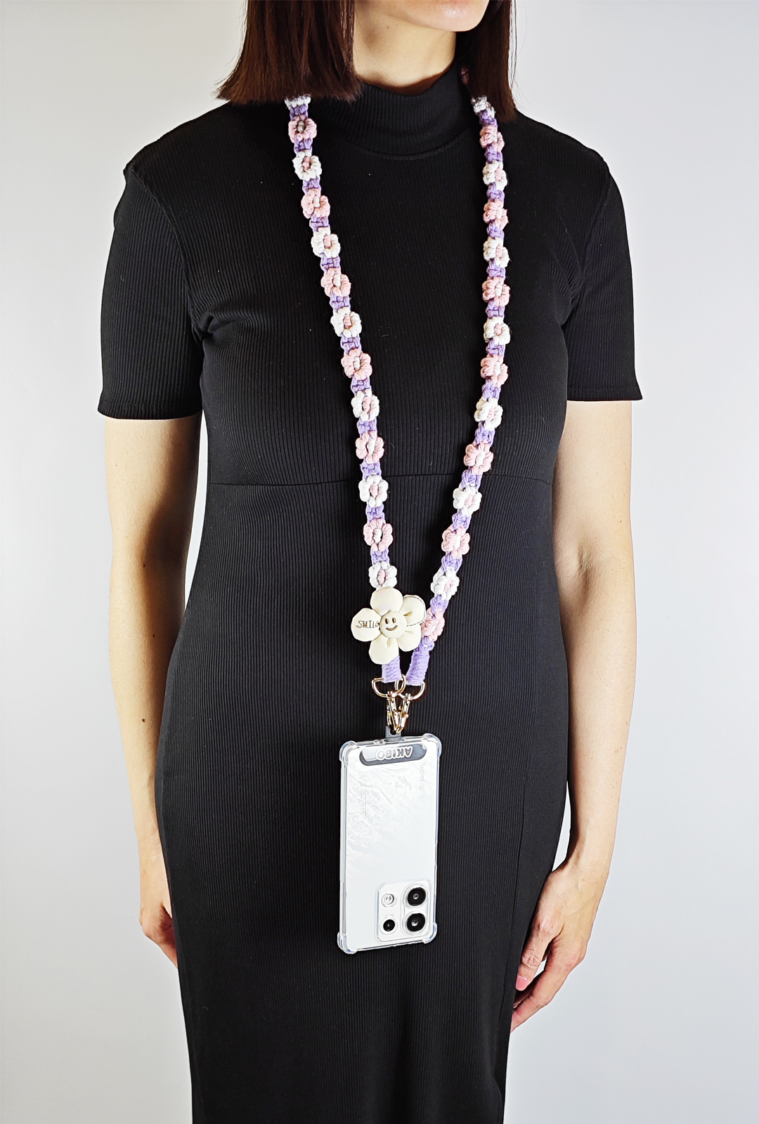 AKIBO手工編織花朵包包手機掛繩-薰衣紫