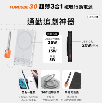 【PHILIPS FunCube 3.0】 5000mAh 超薄三合一磁吸快充行動電源 DLP2561Q7
