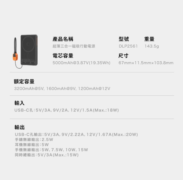 【PHILIPS FunCube 3.0】 5000mAh 超薄三合一磁吸快充行動電源 DLP2561Q12