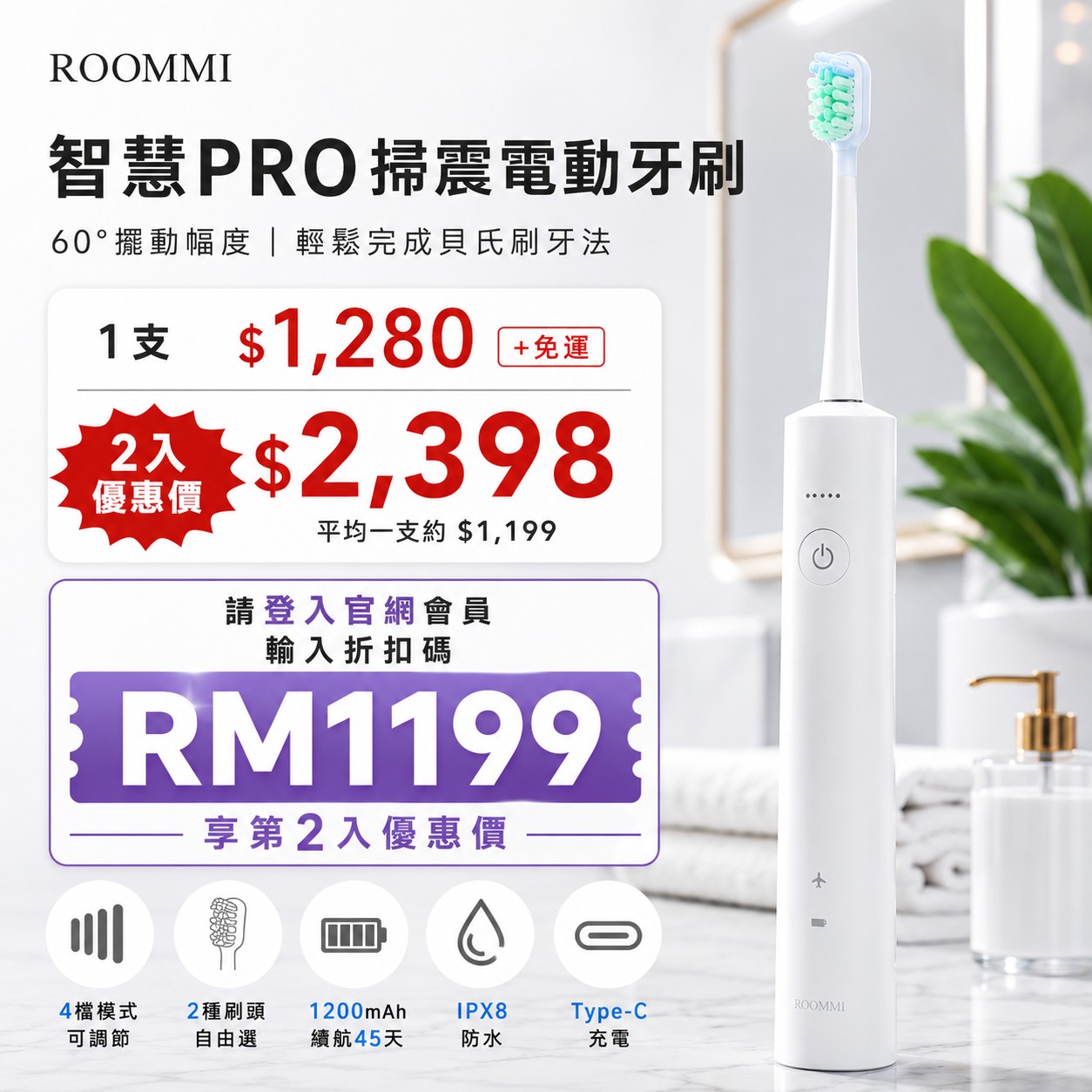 【Roommi】智慧Pro掃震電動牙刷1