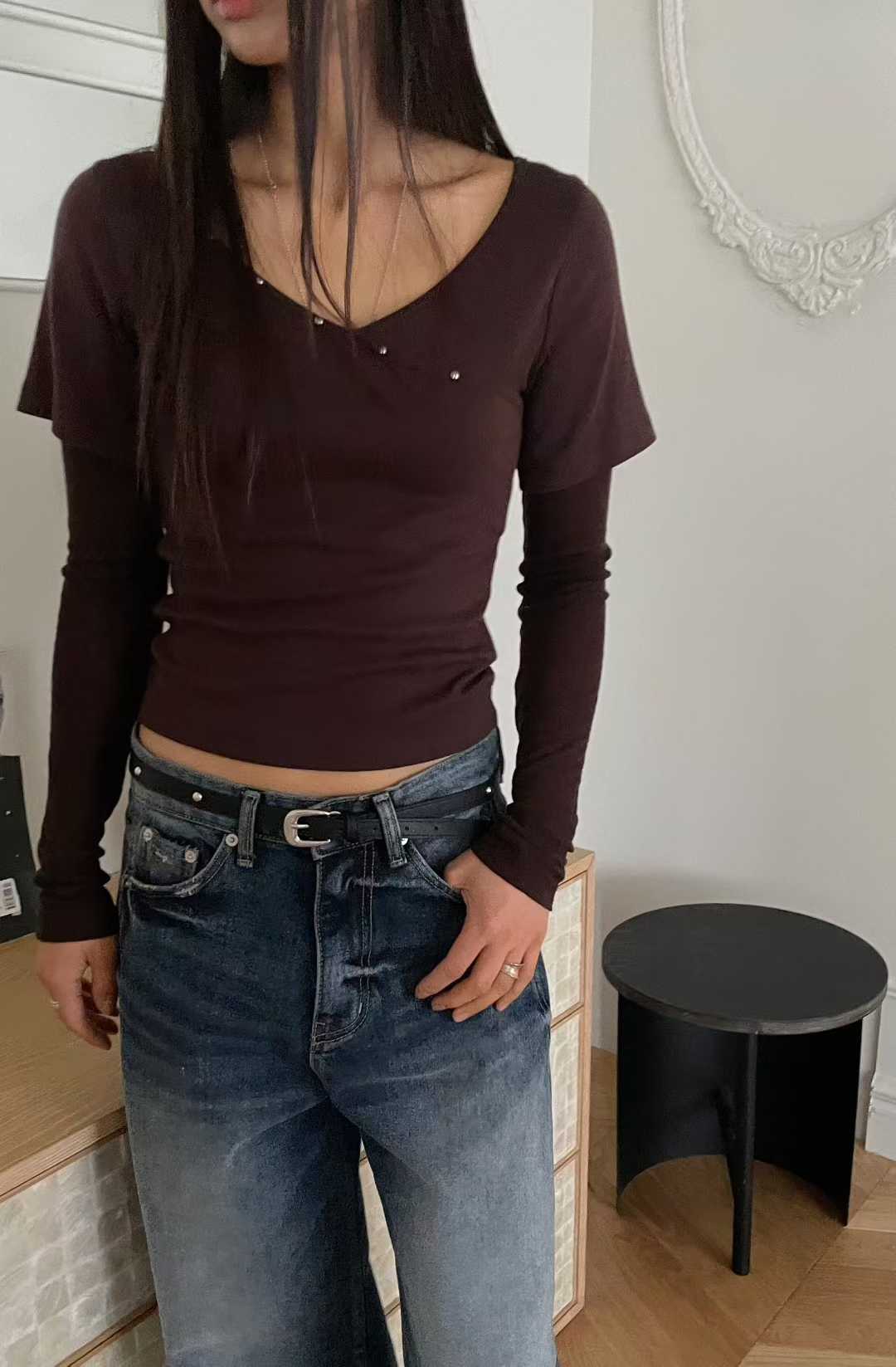 個性銀扣假兩件棉質上衣