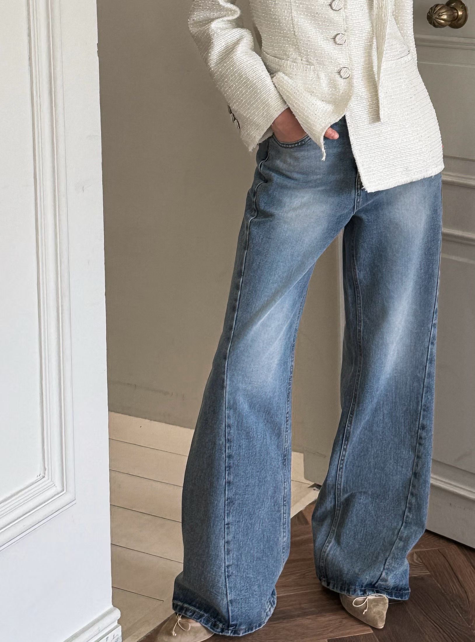 超美刷色落地寬版牛仔褲