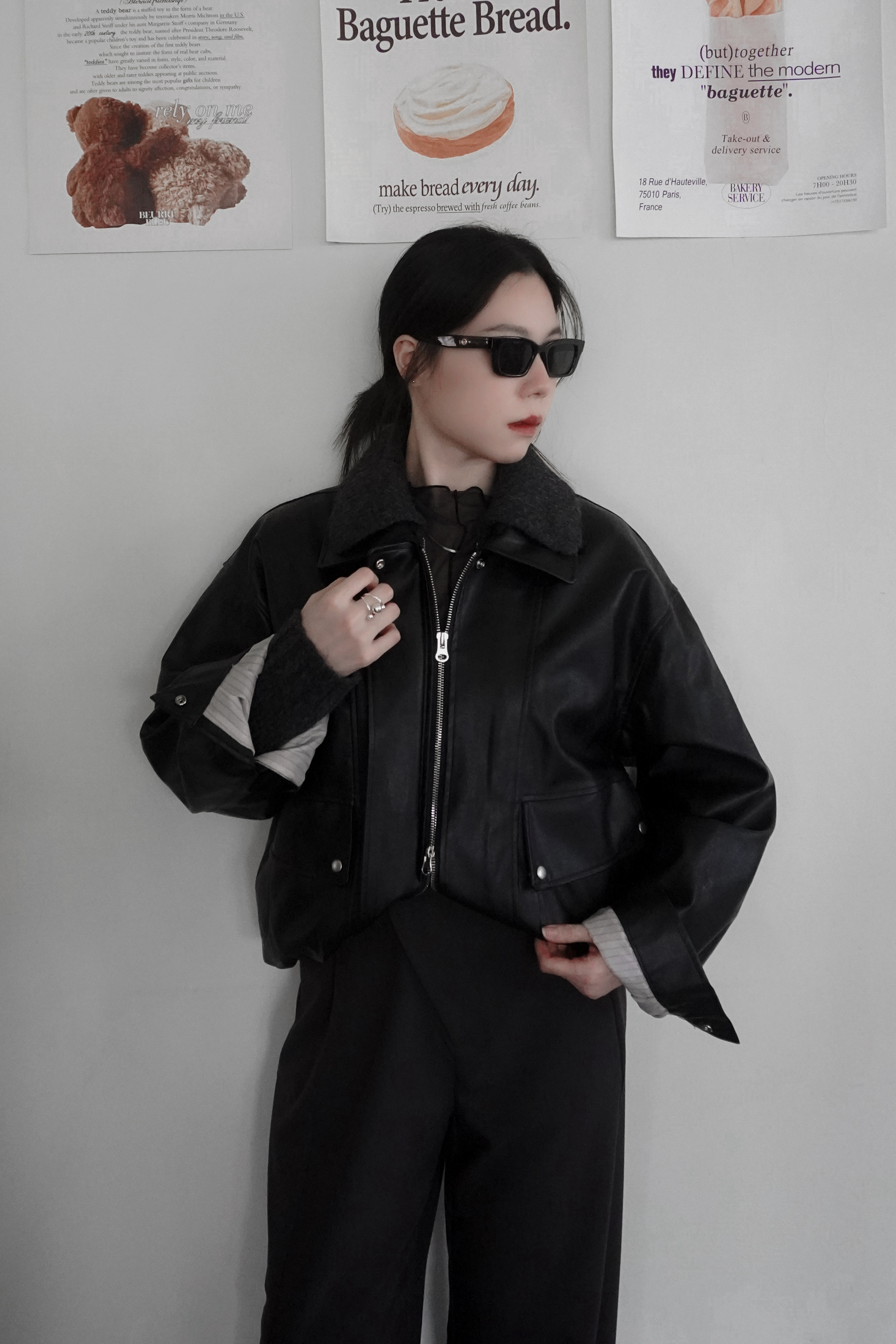 氣勢感條紋內裡皮革外套