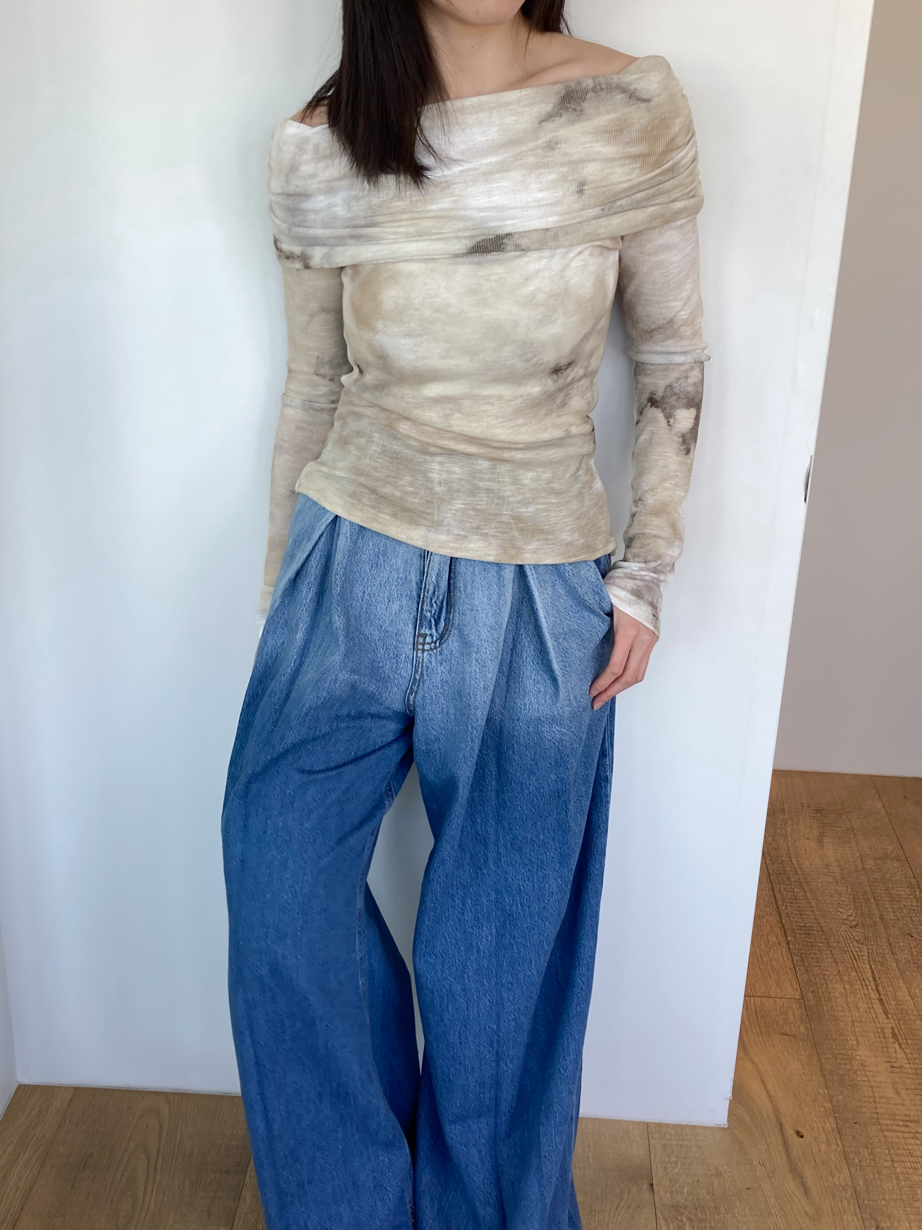 仙女渲染一字領彈性上衣