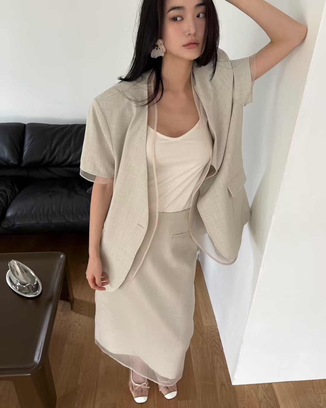 雪紡拼接亞麻西裝外套