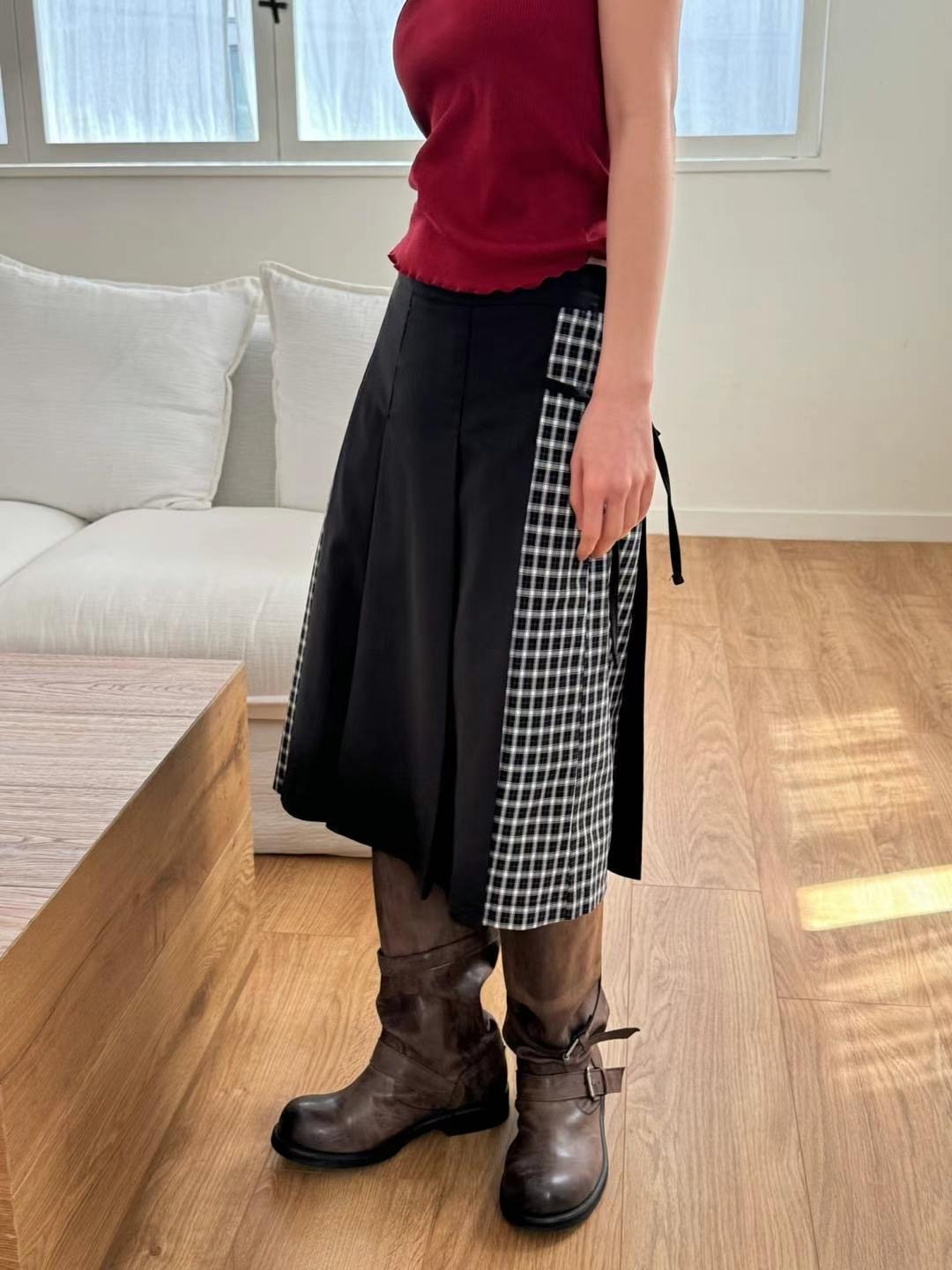 英倫格紋側綁帶百摺長裙