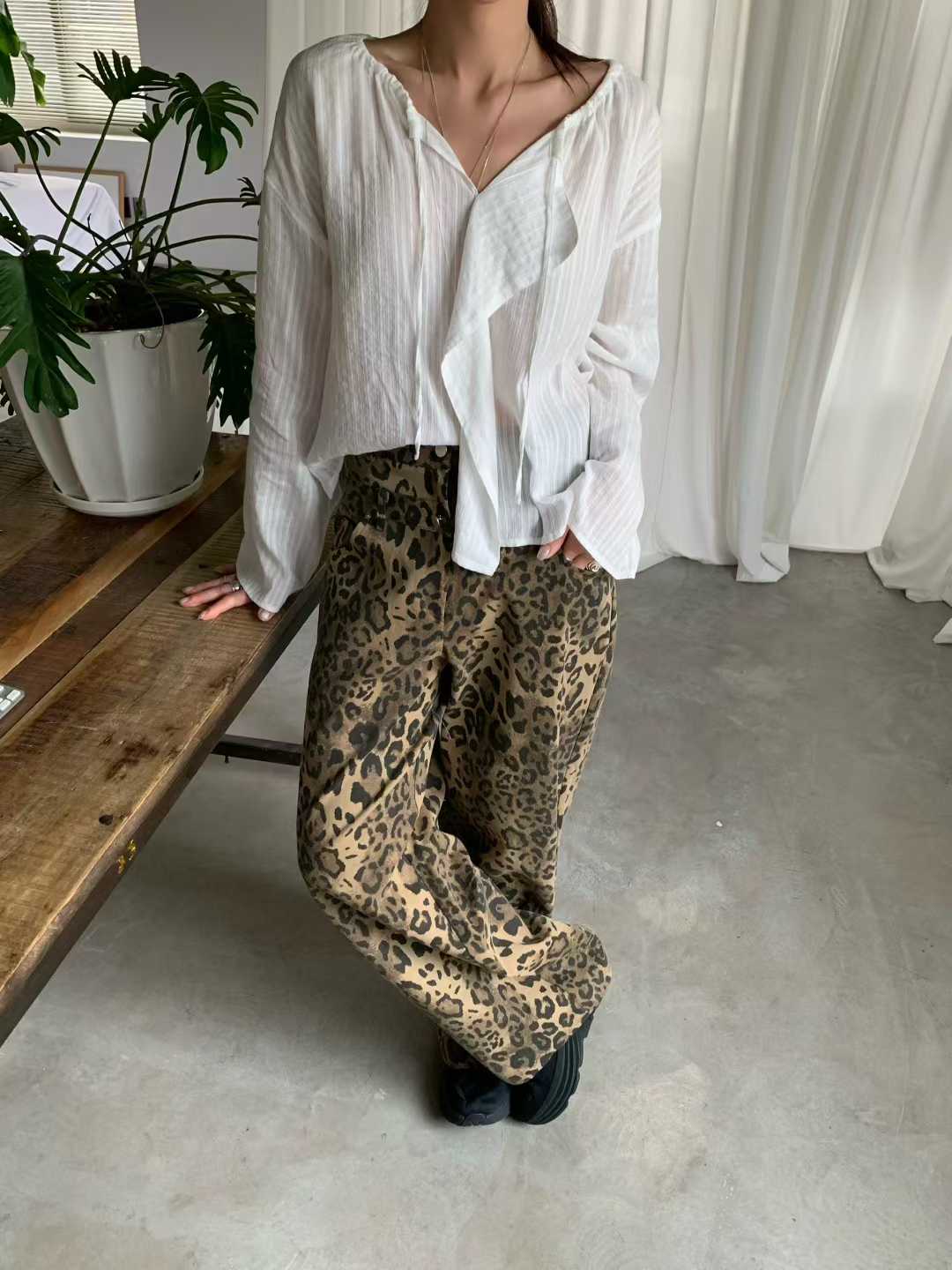 個性風豹紋直筒長褲