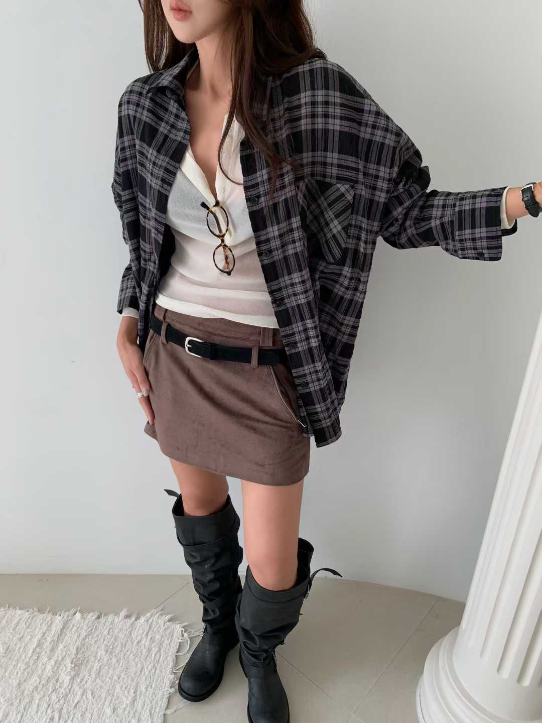 休閒大寬鬆格紋襯衫