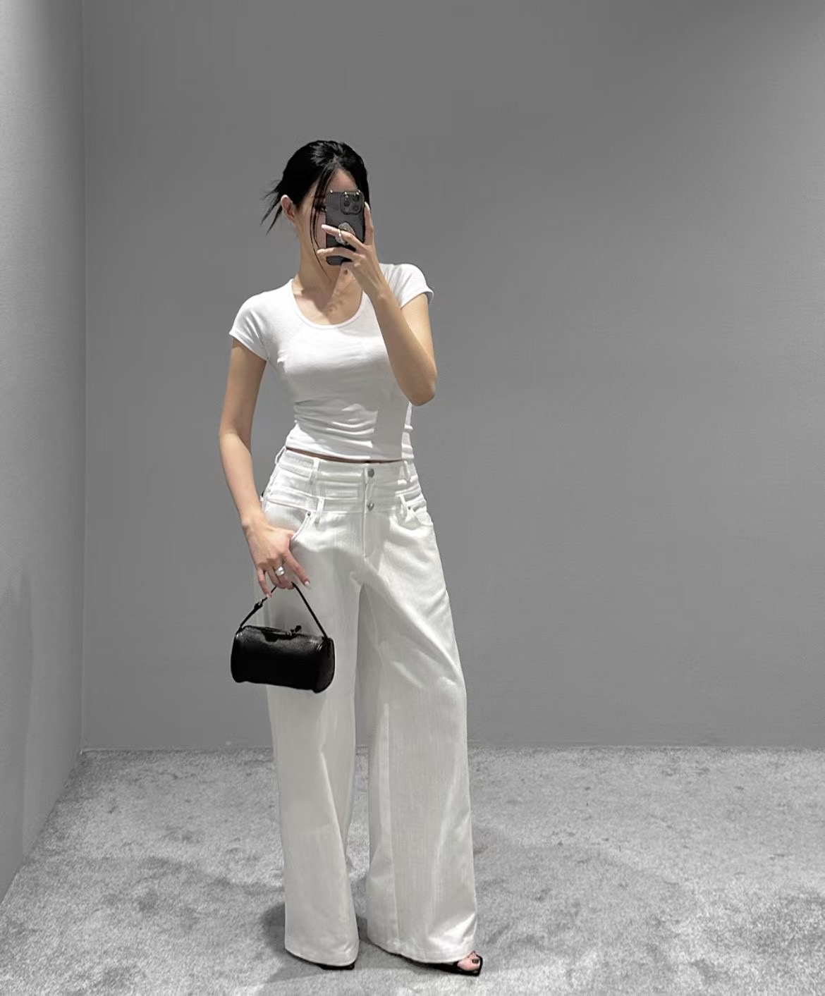 雙腰釦設計條紋寬版直筒褲