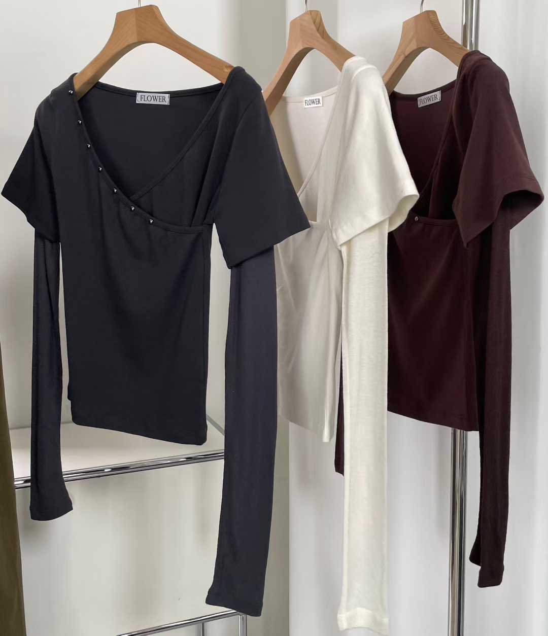 個性銀扣假兩件棉質上衣