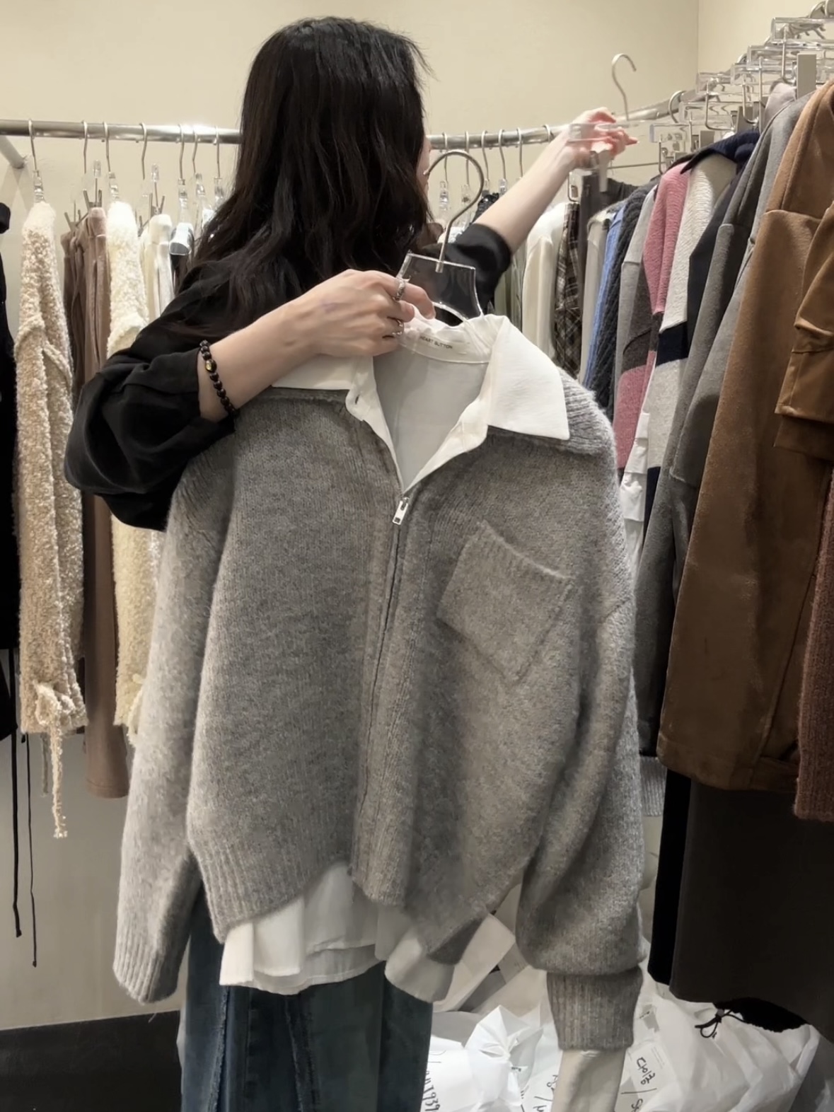 翻領小口袋雙拉鏈針織外套