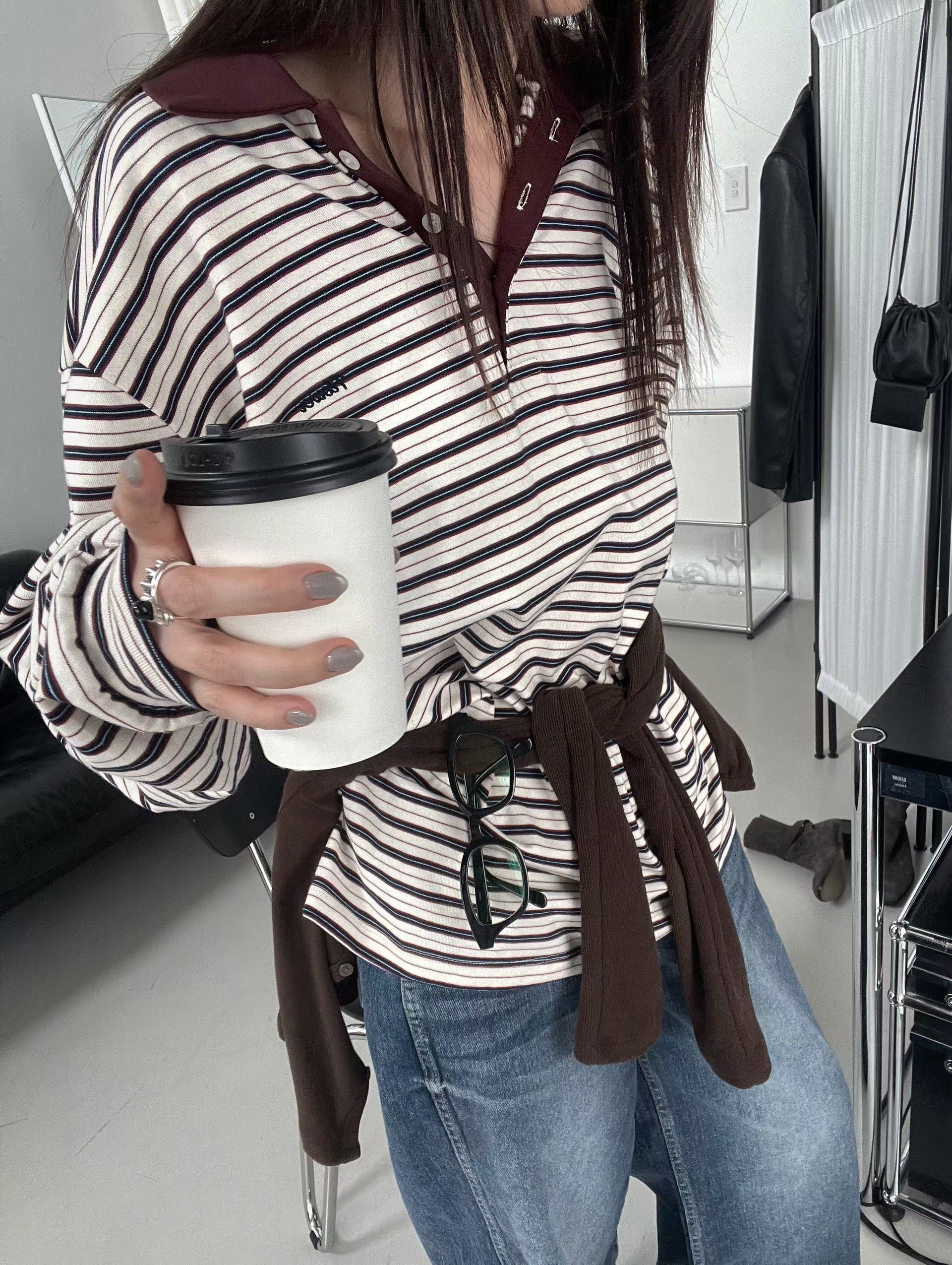 撞色翻領落肩條紋上衣