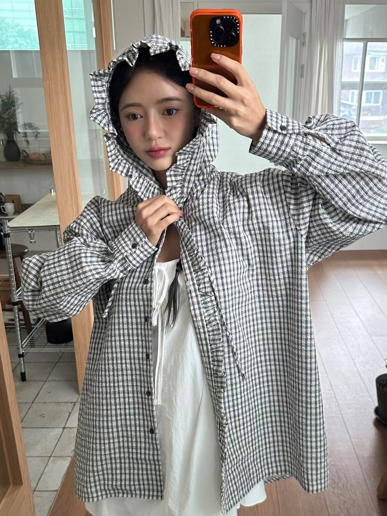 荷葉設計格紋連帽襯衫