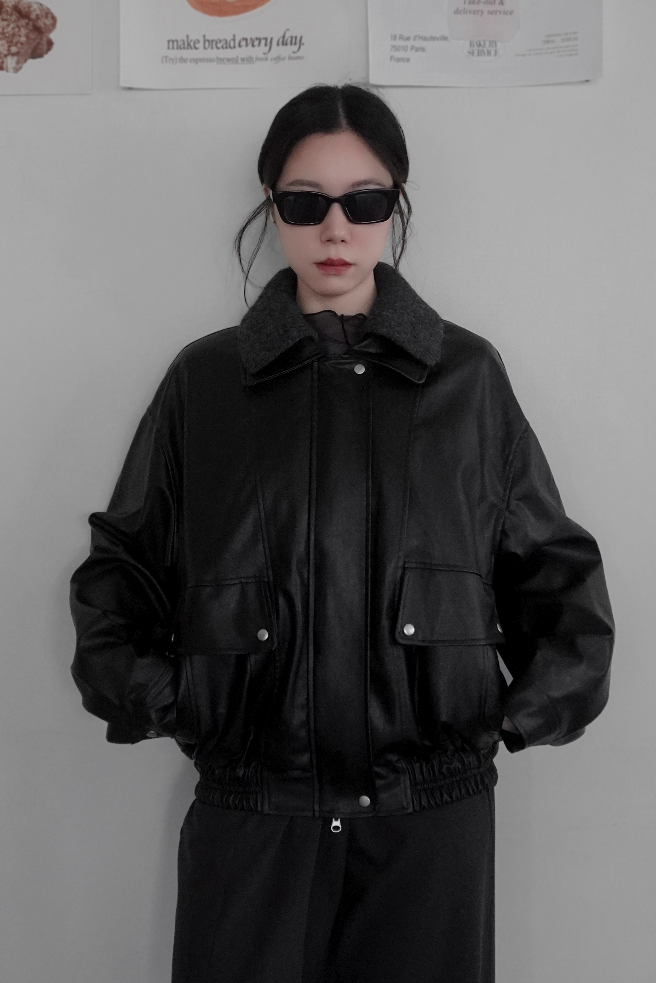 氣勢感條紋內裡皮革外套