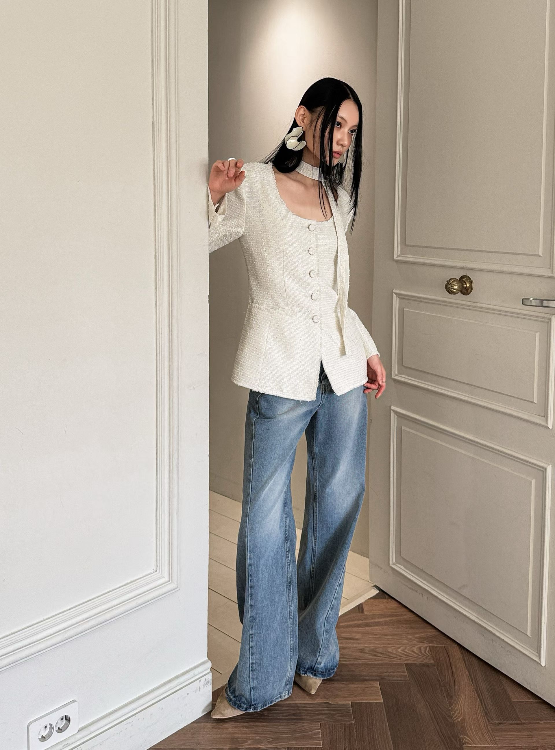 超美刷色落地寬版牛仔褲