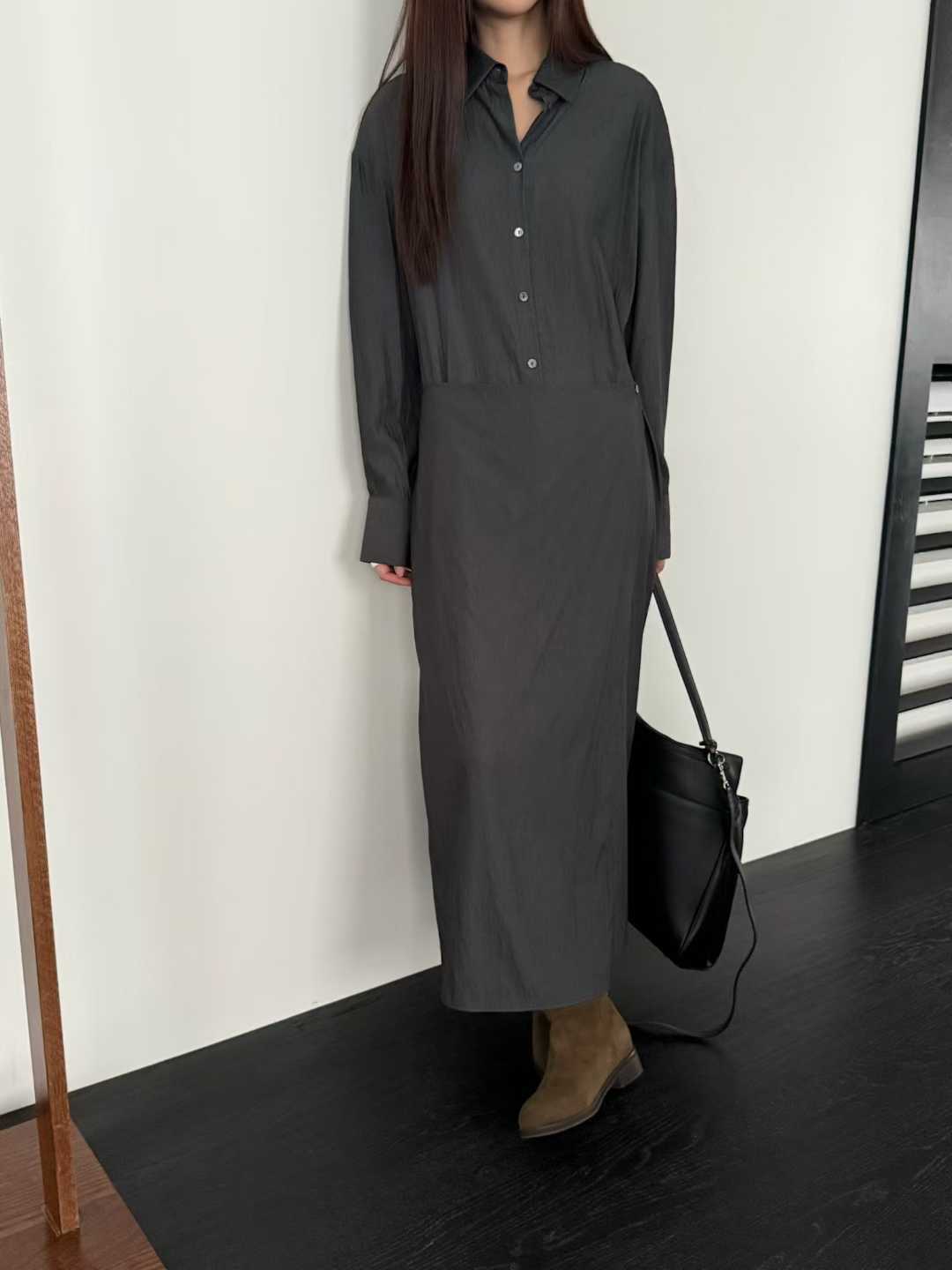 片裙造型排扣開衩襯衫洋裝 片裙造型排扣開衩襯衫洋裝