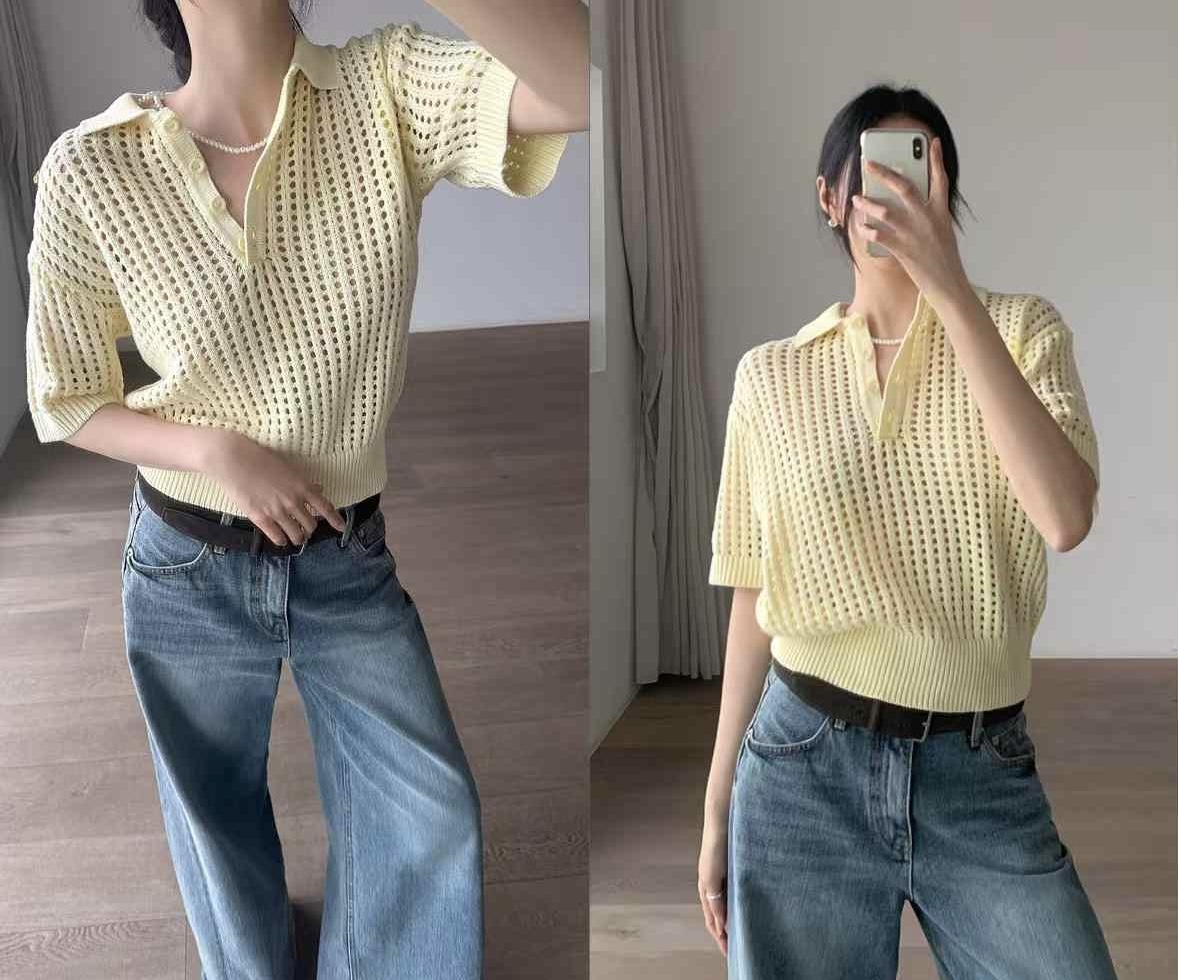 POLO領水洗刷色簍空針織衫