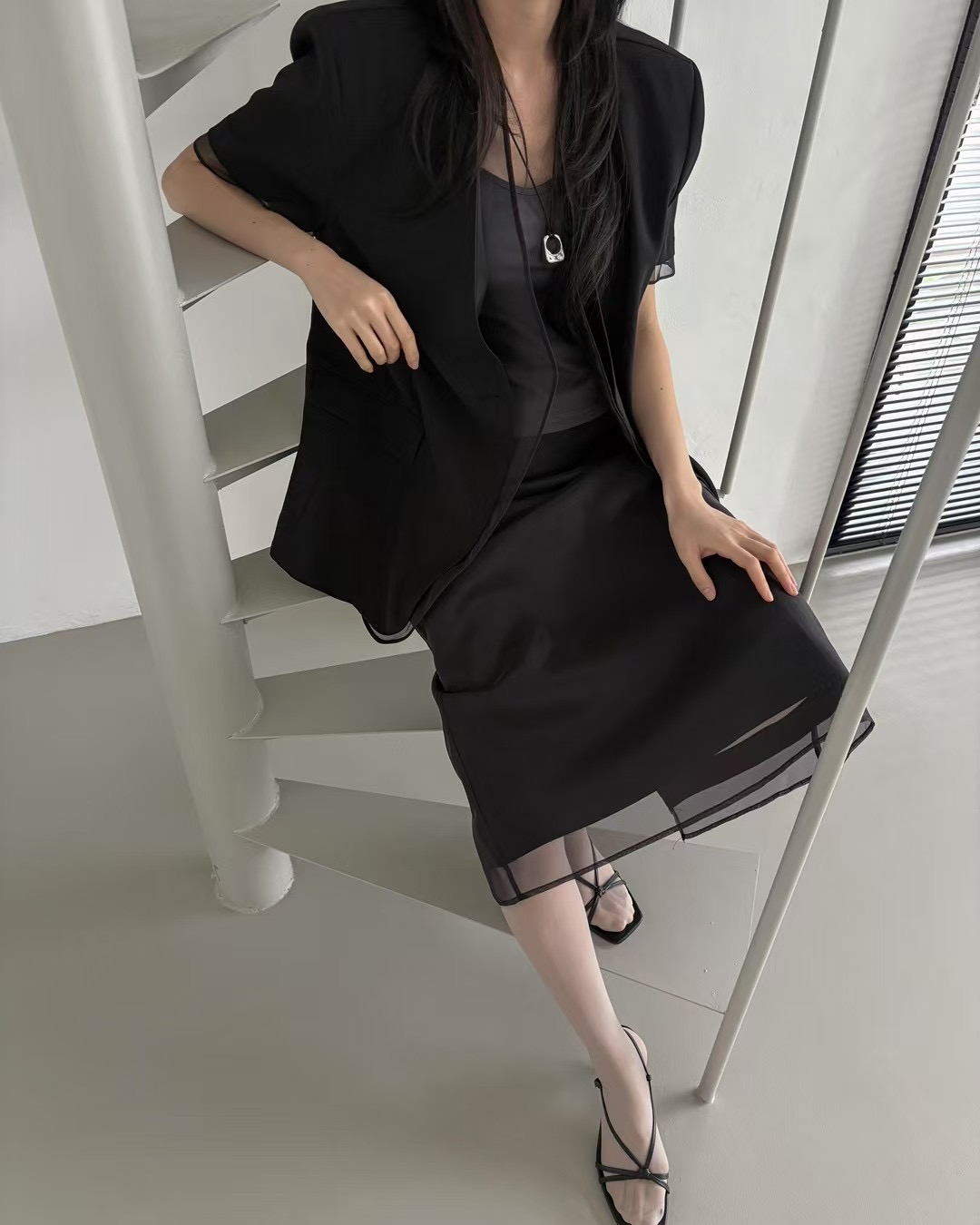 雪紡拼接亞麻西裝外套