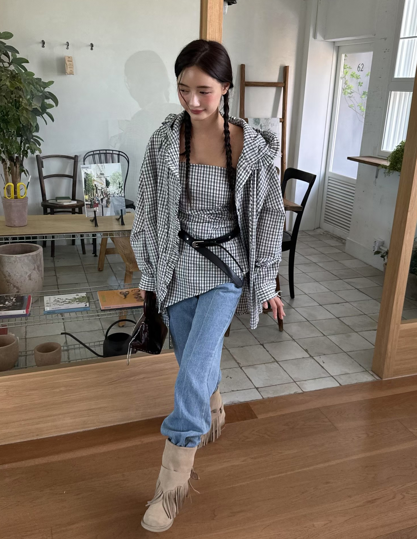 荷葉設計格紋連帽襯衫