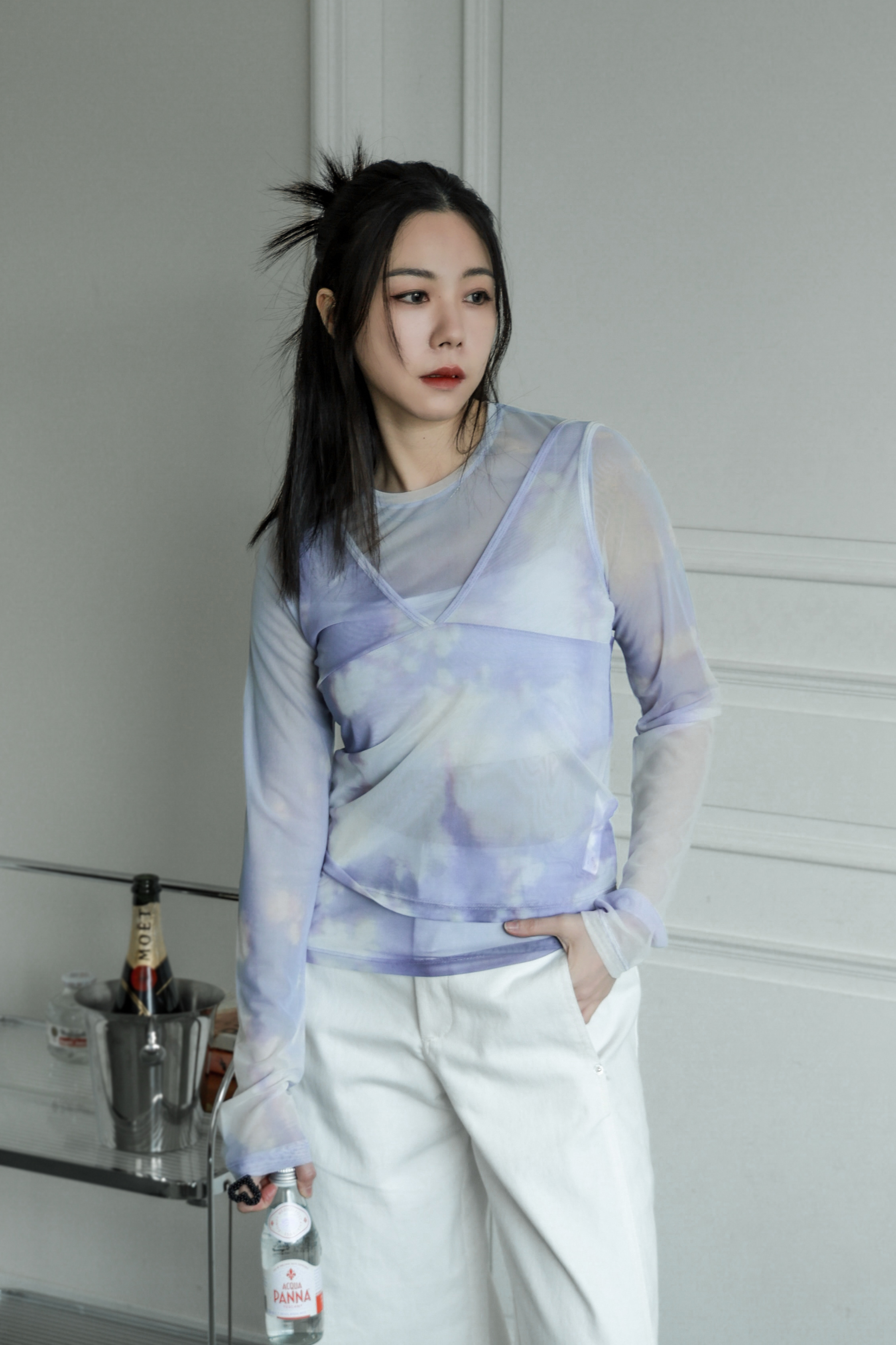 小眾設計款渲染透膚背心/上衣