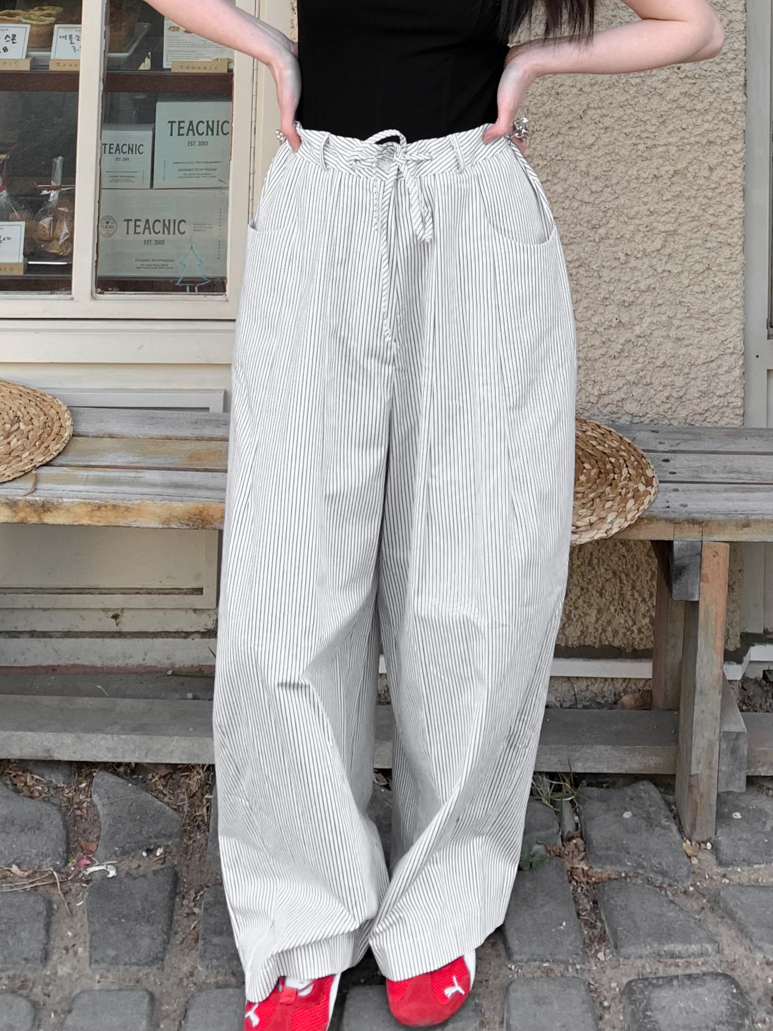 調整抽繩挺版條紋氣球褲（成套優惠）