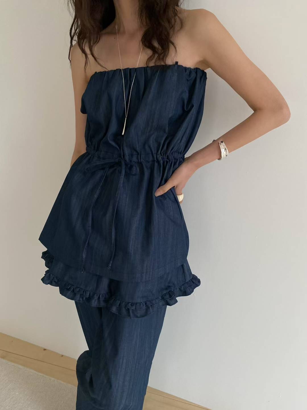 抽繩小口袋軟料牛仔背心