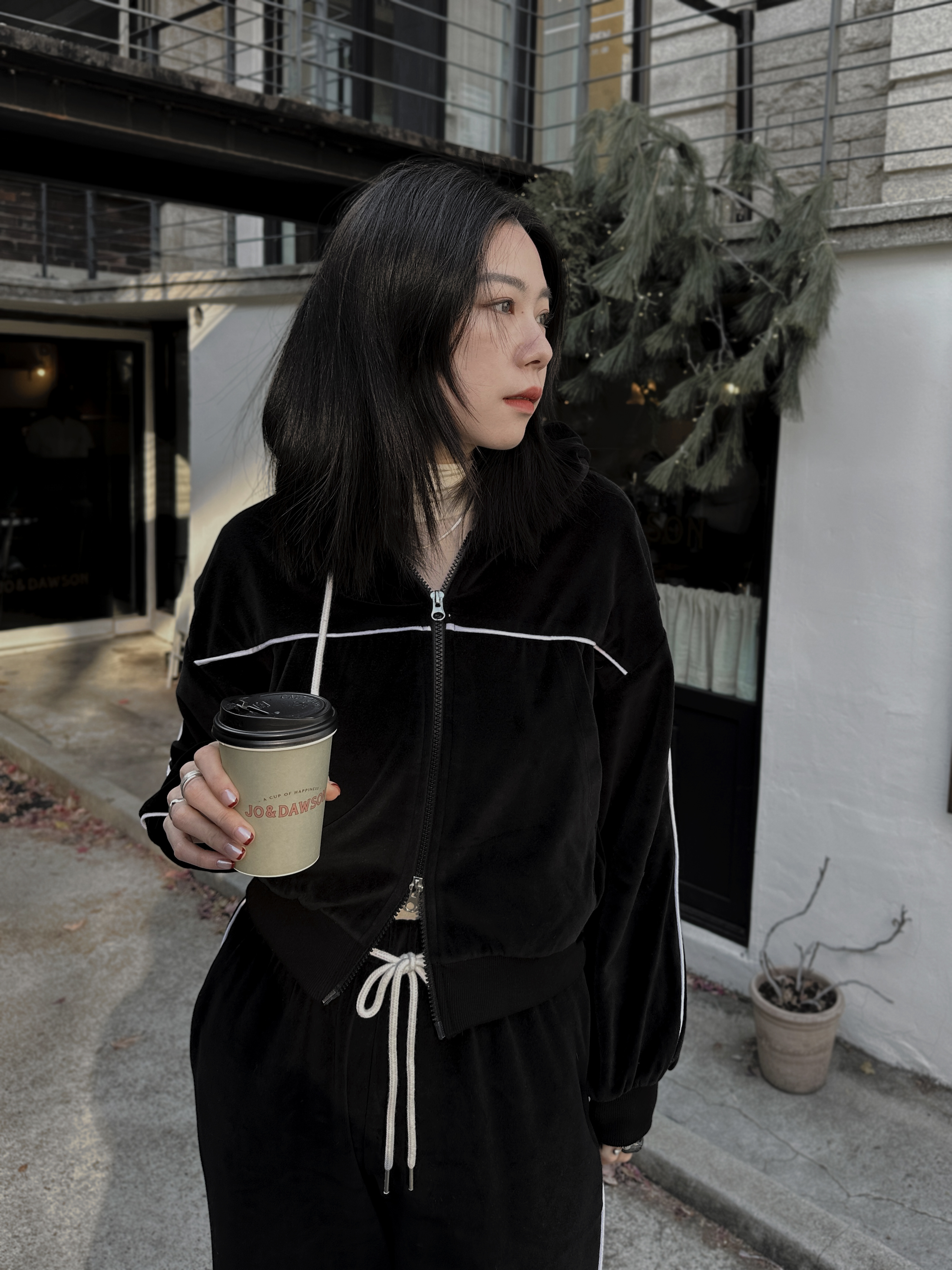 車線拼接絨面連帽外套