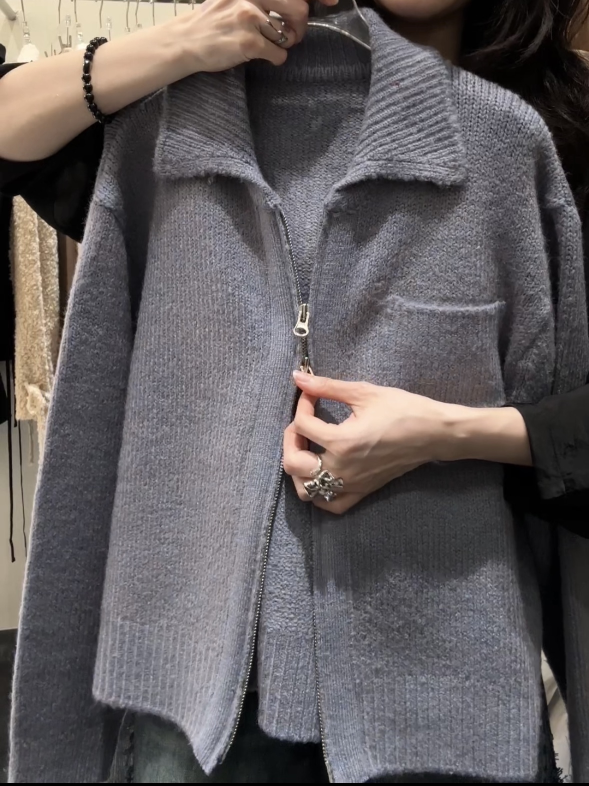 翻領小口袋雙拉鏈針織外套