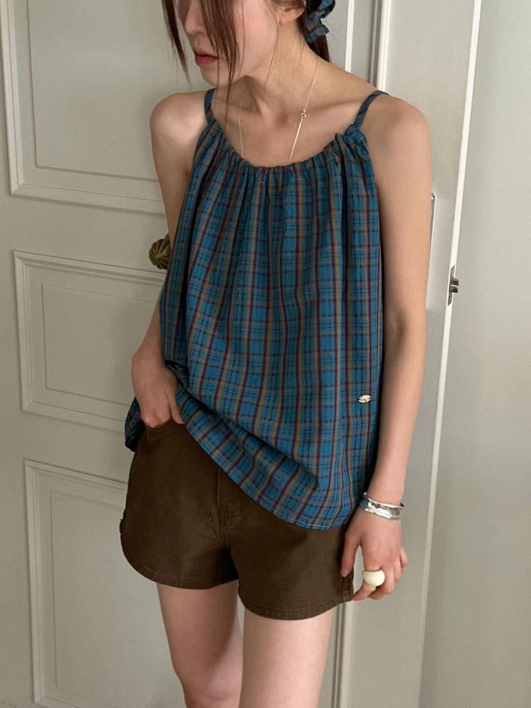 韓系度假附髮帶格子背心