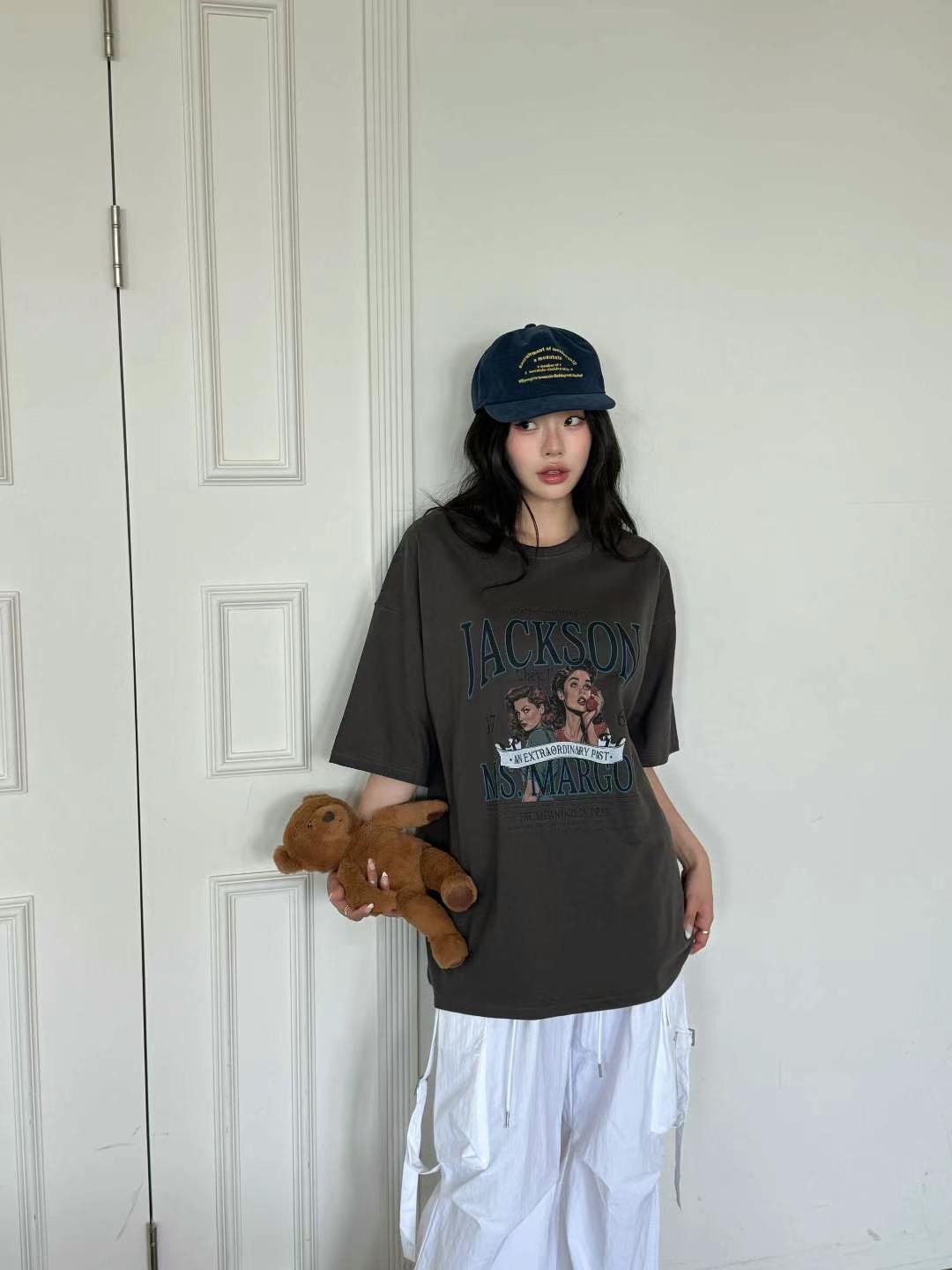 美式女孩印圖寬鬆柔棉T恤