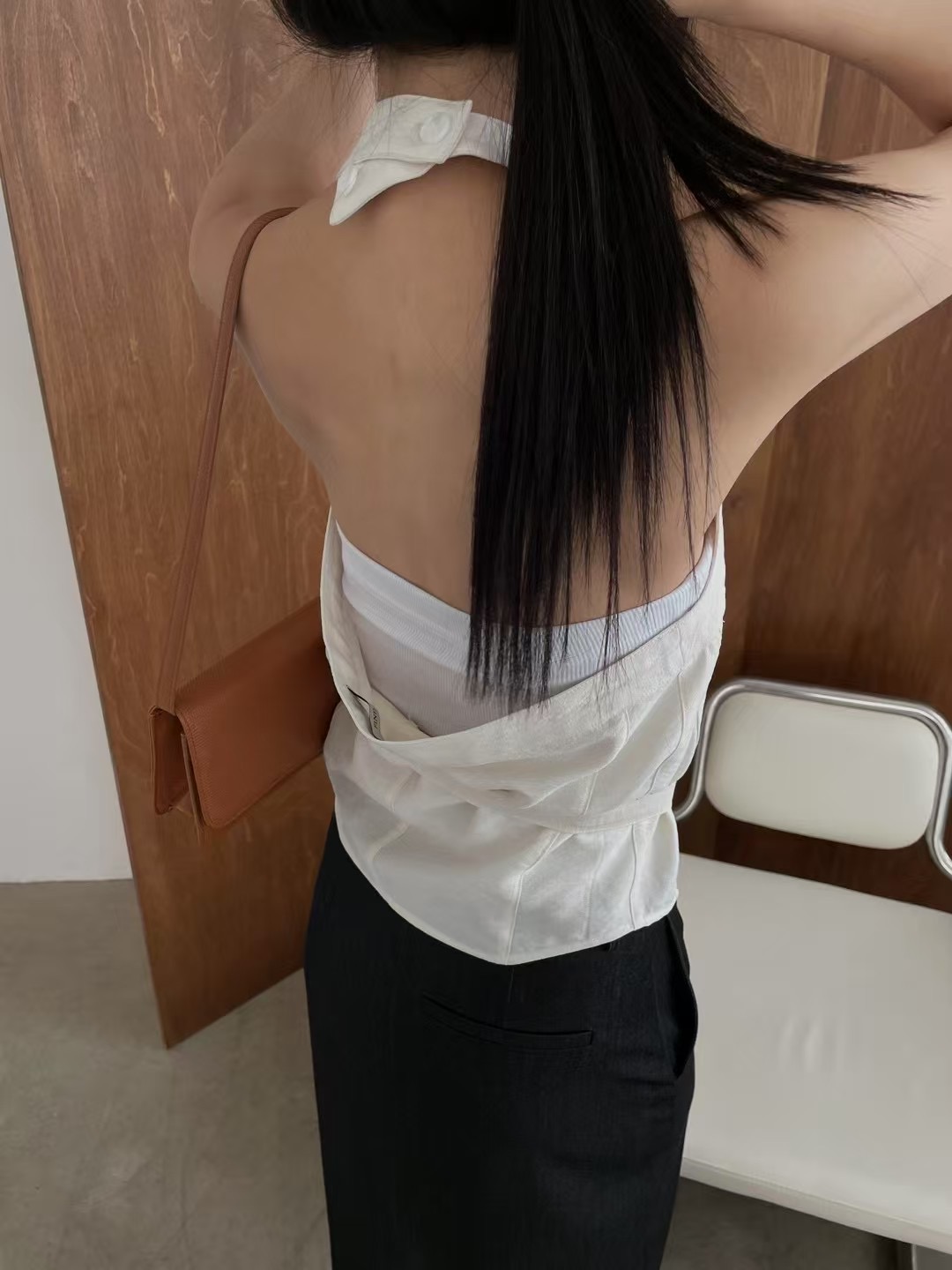 棉麻附綁帶繞頸設計背心