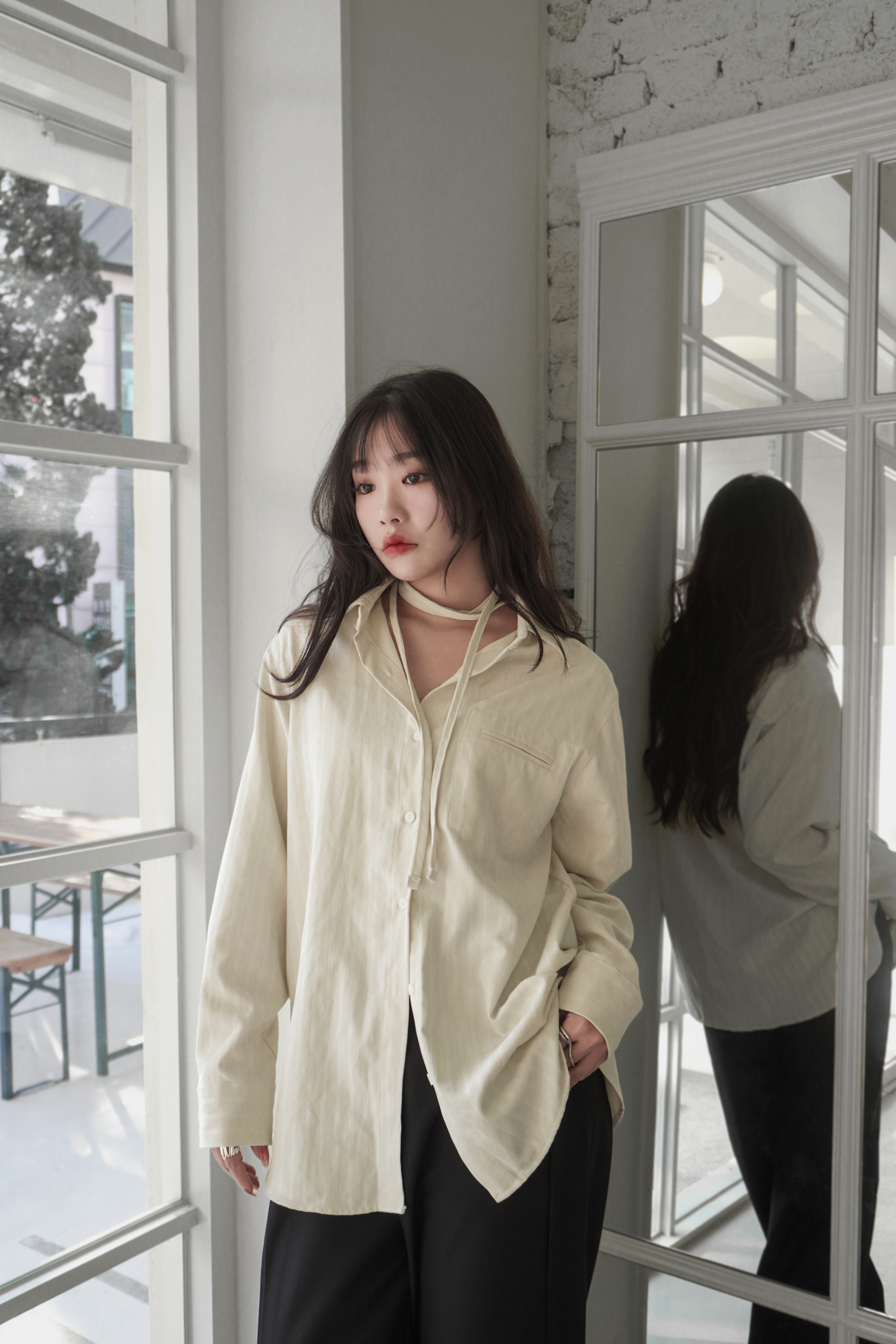 高級低調條紋綁帶式襯衫