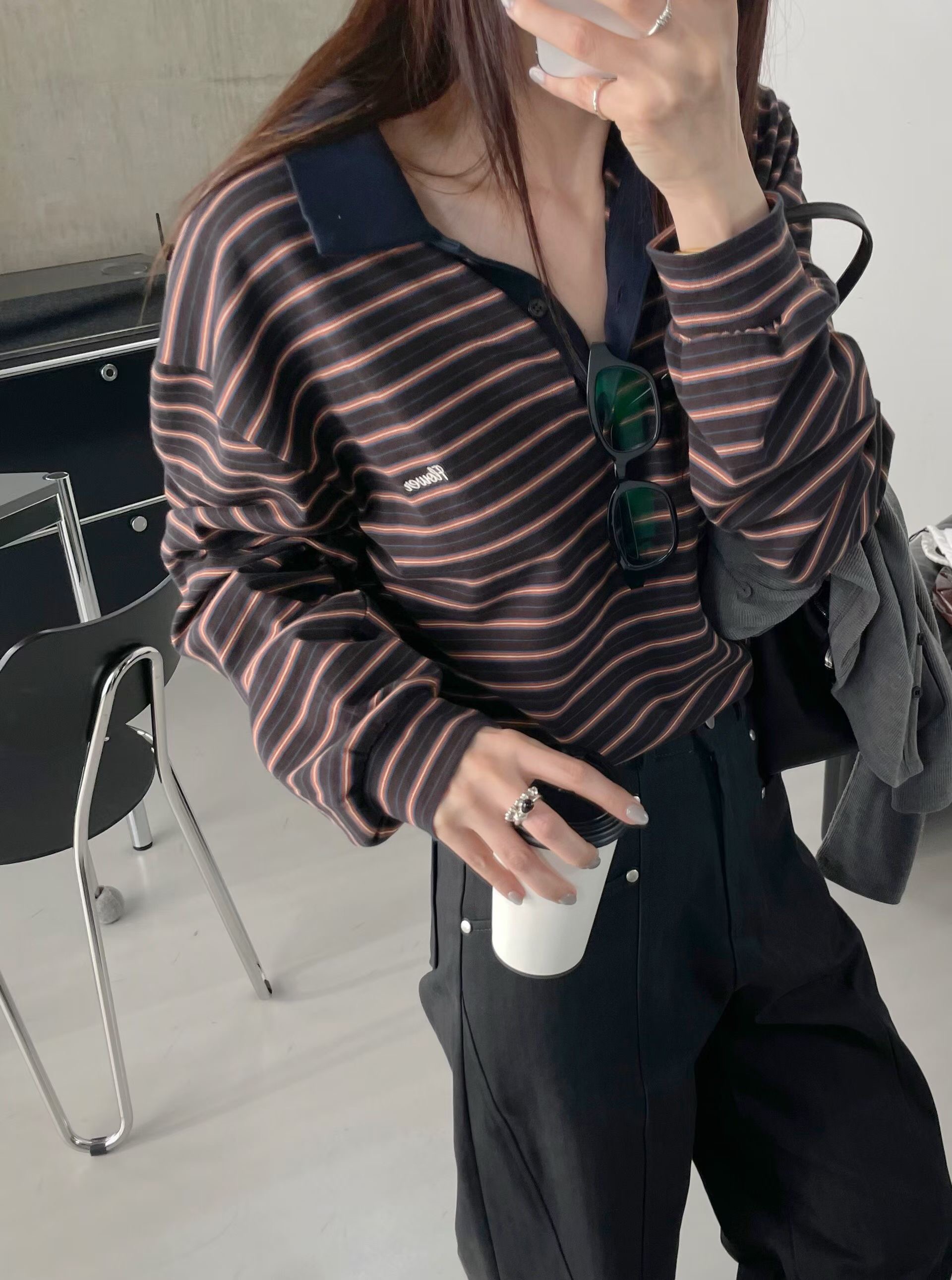 撞色翻領落肩條紋上衣