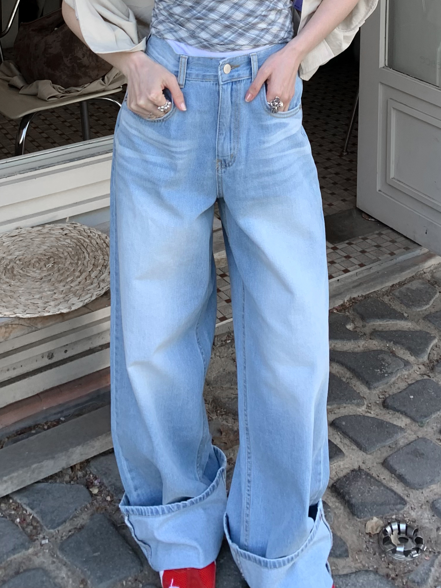 刷色好美寬鬆大反摺牛仔褲 S/M