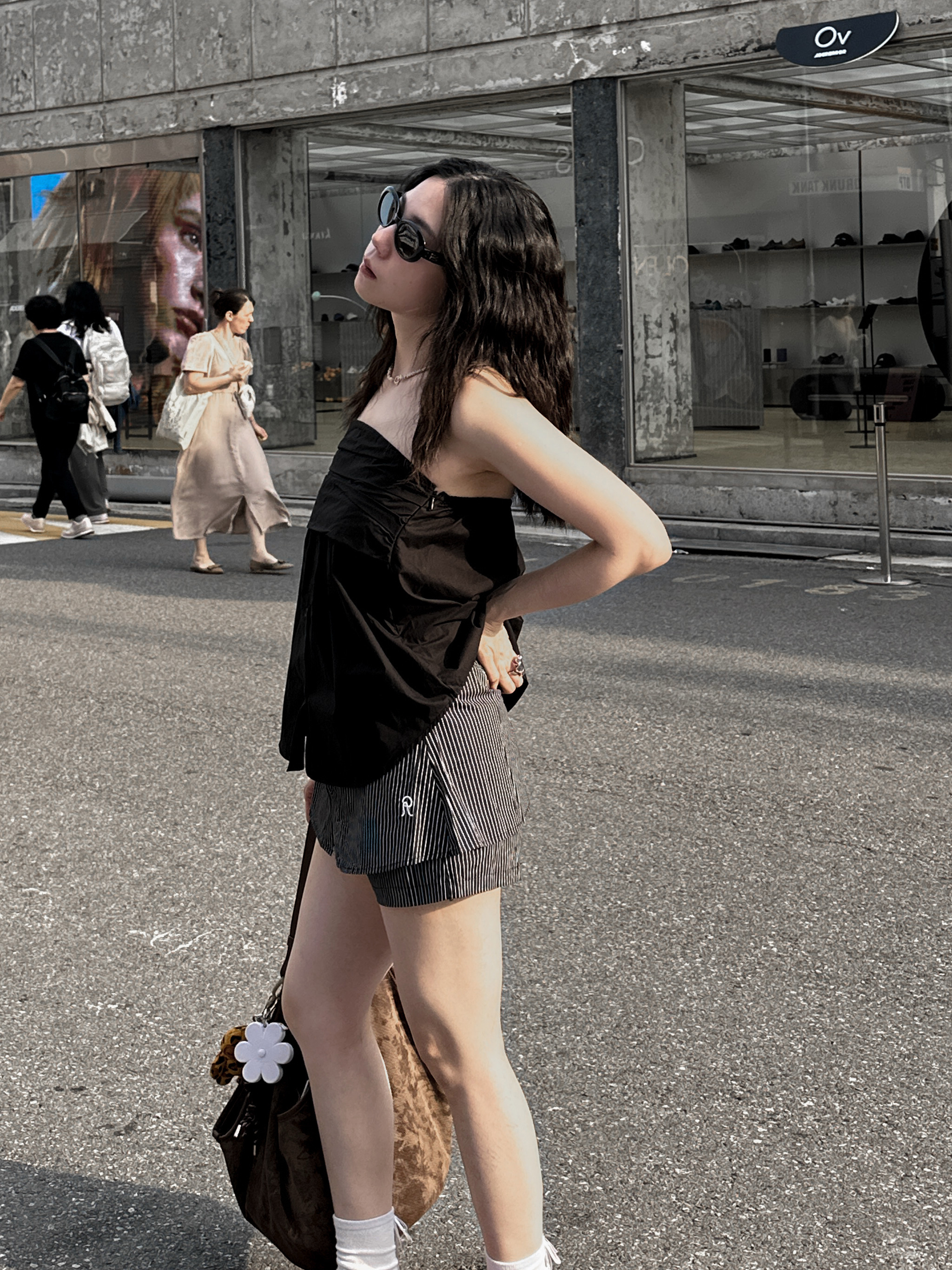 雙層襯衫布條紋短褲