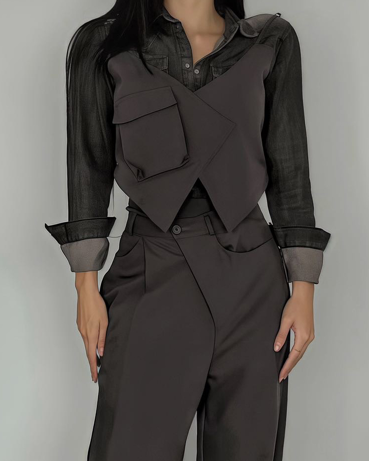 V領大口袋綁帶西裝背心