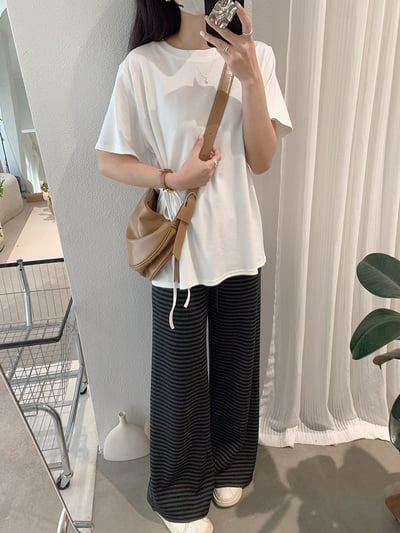 慵懶感撞色條紋垂感寬褲8